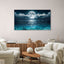 Living room with a large ocean painting on the wall