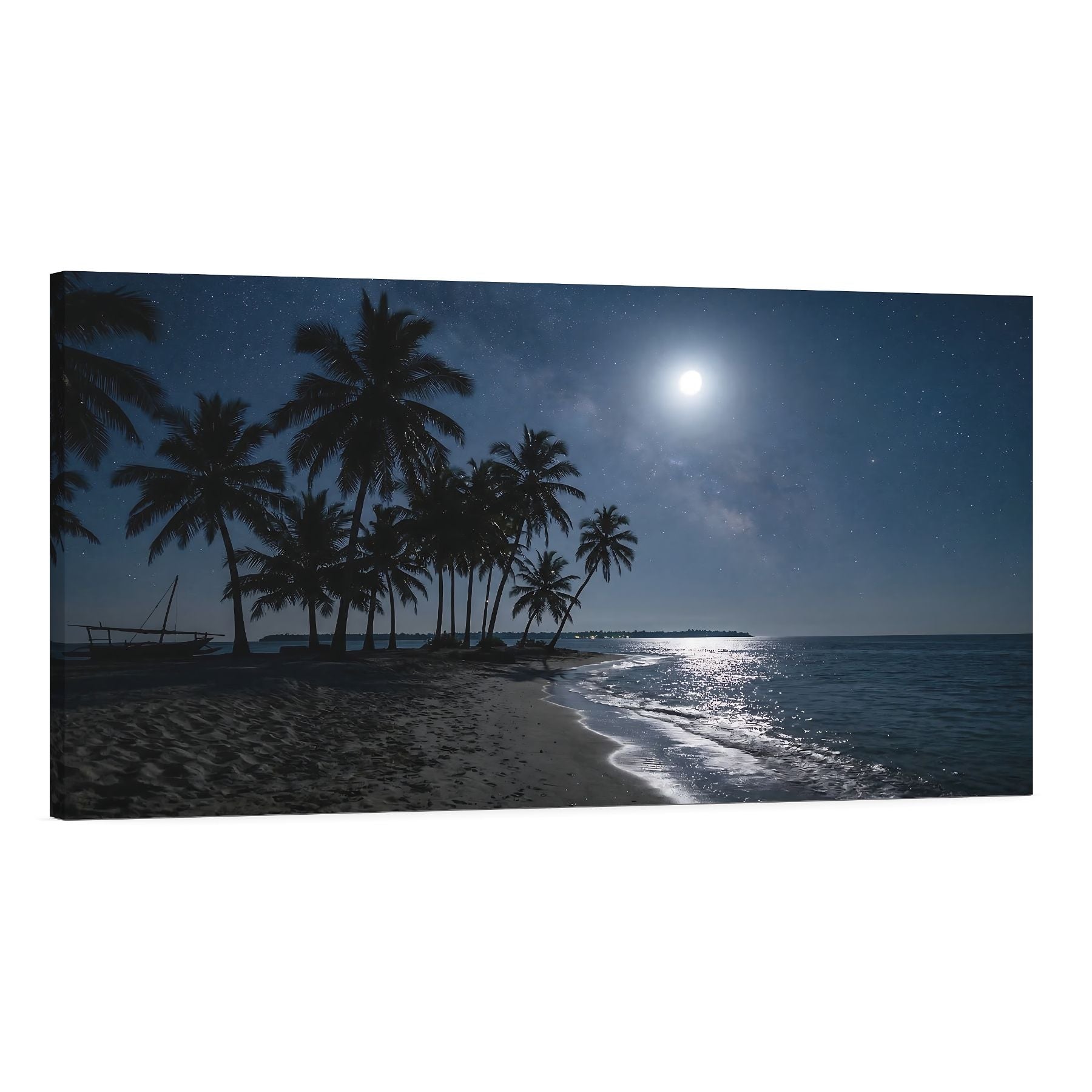 Moonlit Tropical Beach Canvas Wall Art – Palm Tree Ocean Night Landscape Print