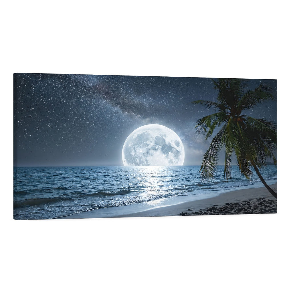 Moonlight Beach Canvas Wall Art Full Moon Ocean Palm Tree Coastal Decor