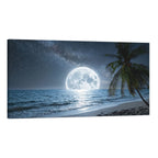 Moonlight Beach Canvas Wall Art Full Moon Ocean Palm Tree Coastal Decor