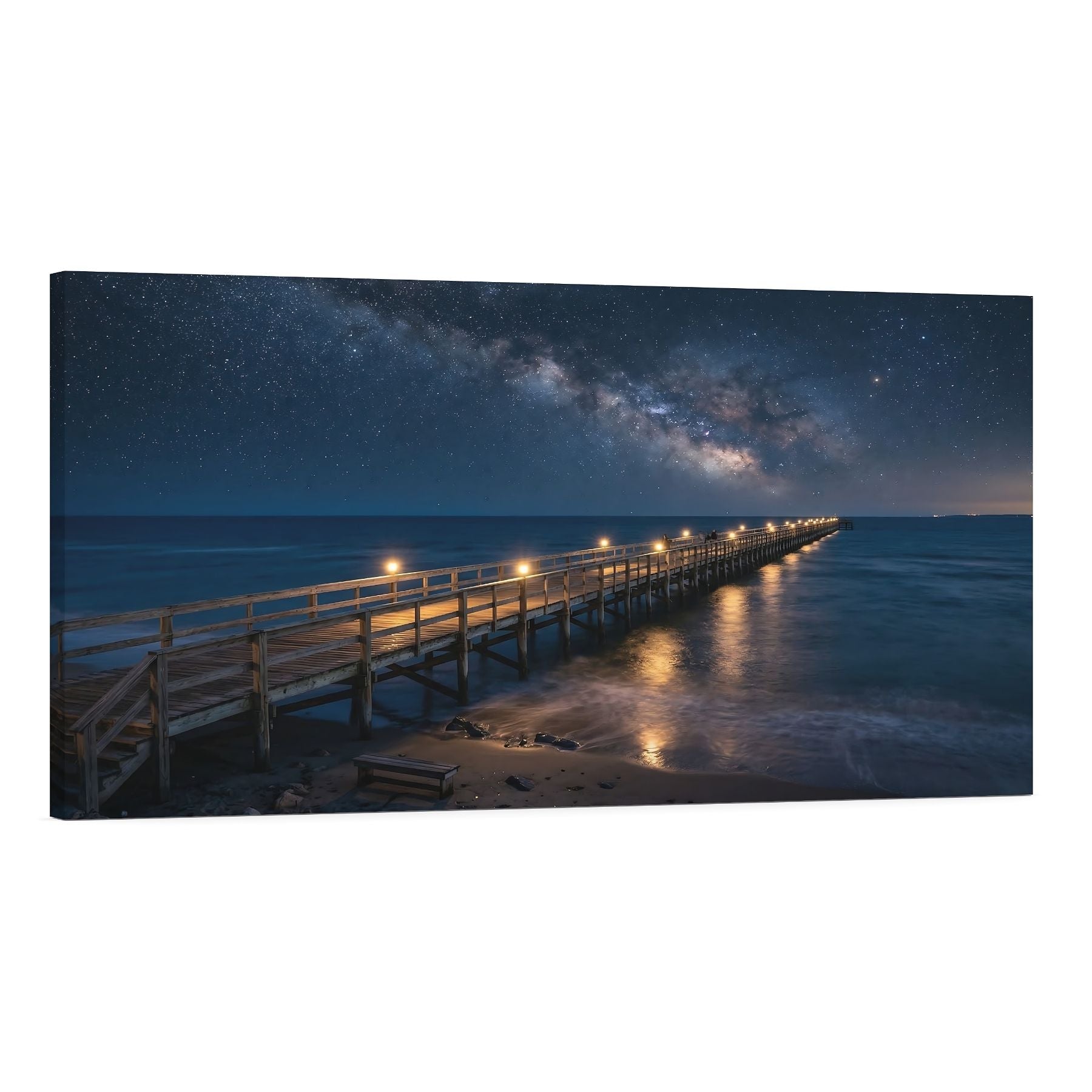 Moonlit Ocean Pier Canvas Wall Art – Night Coastal Seascape Print