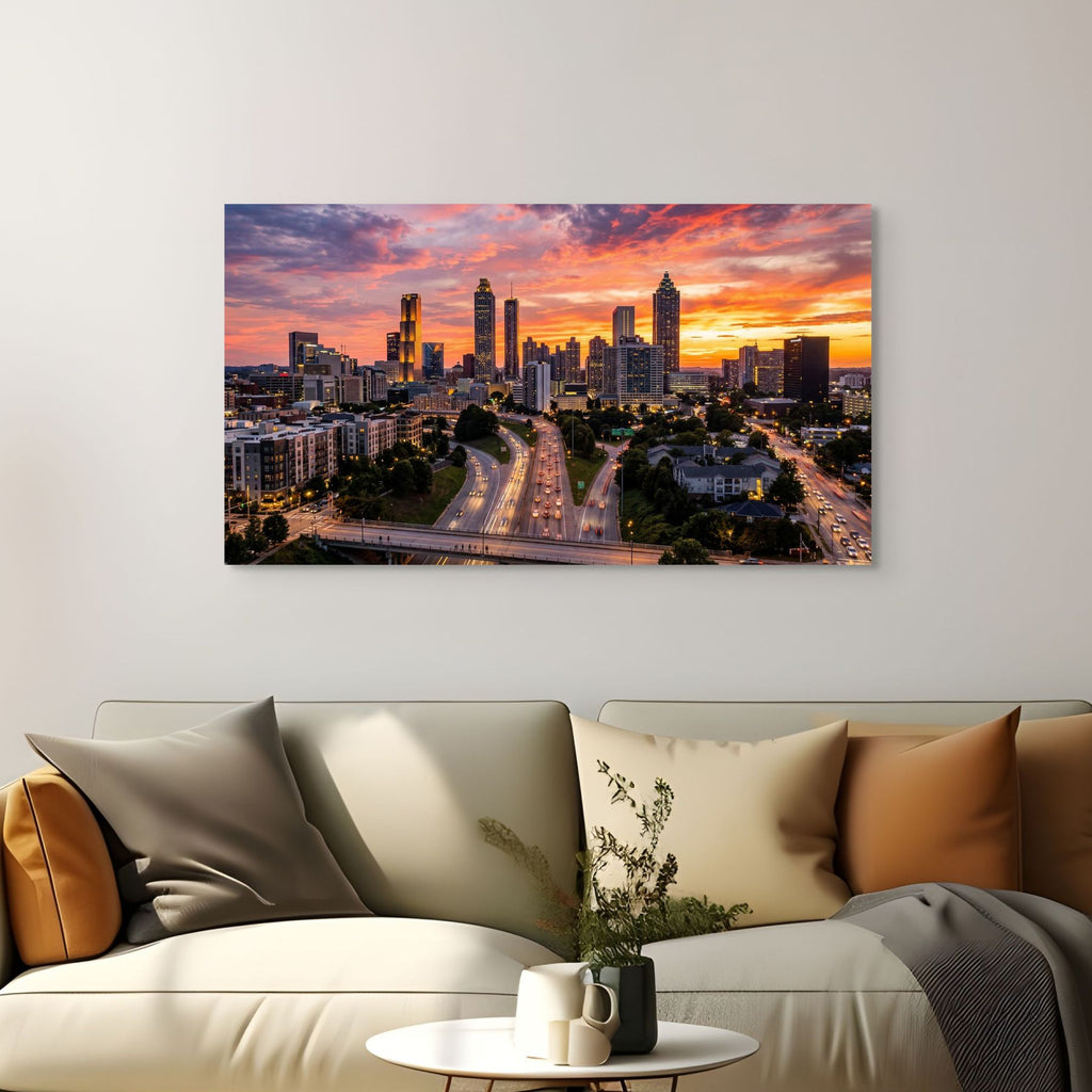 Atlanta skyline sunset with traffic light trails wall art