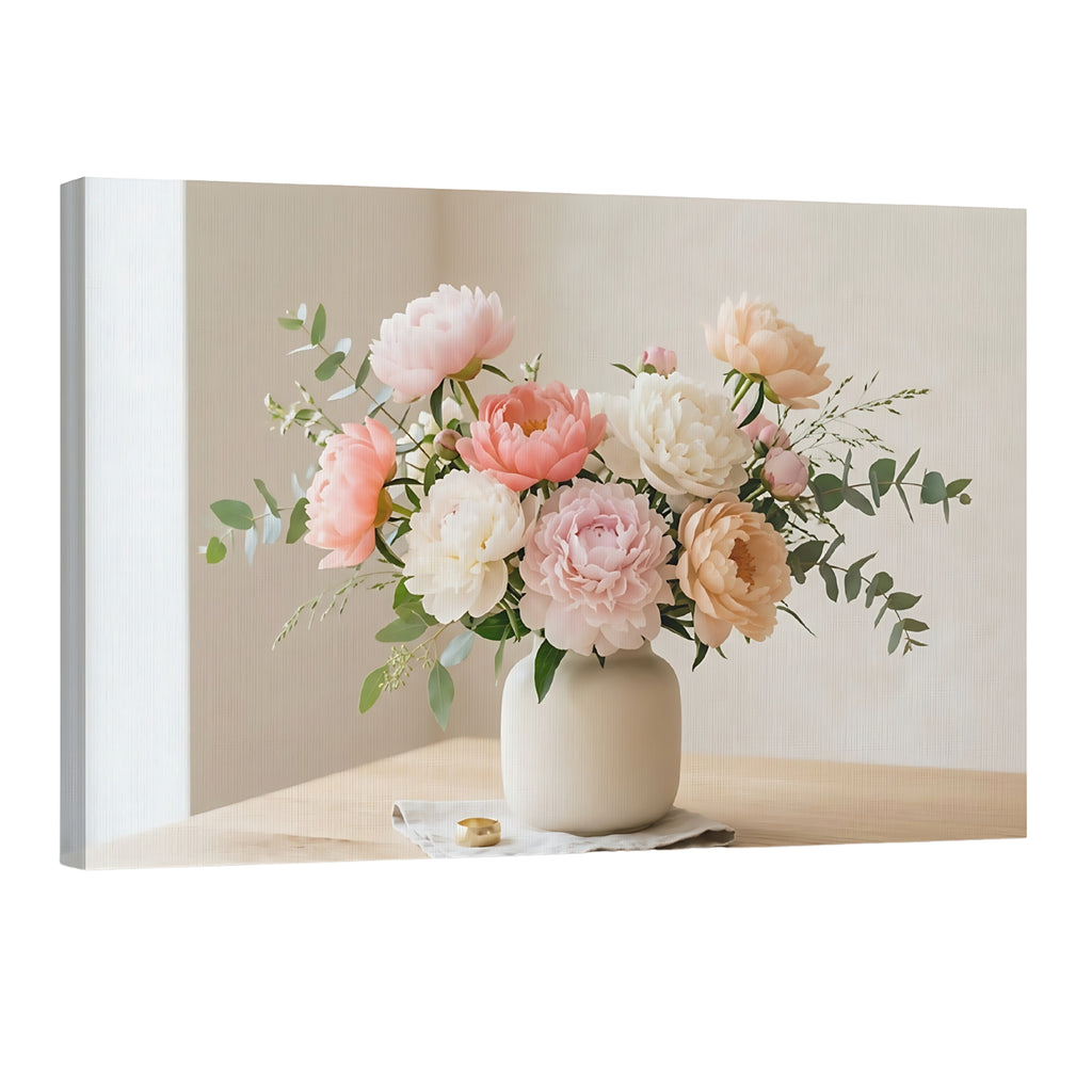 Blush and cream peony bouquet canvas wall art in vase, elegant floral decor for modern home