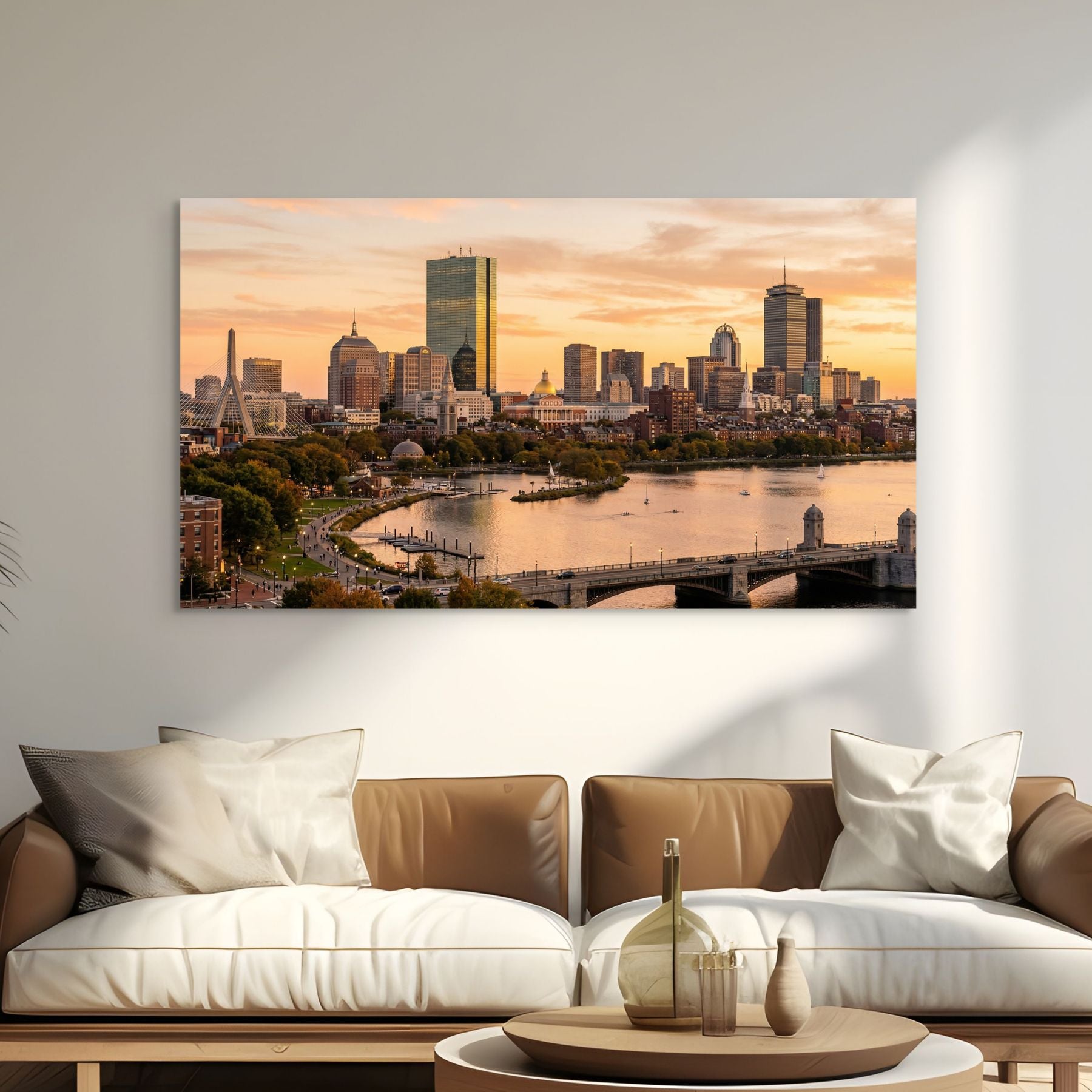 Boston skyline golden hour Charles River wall art