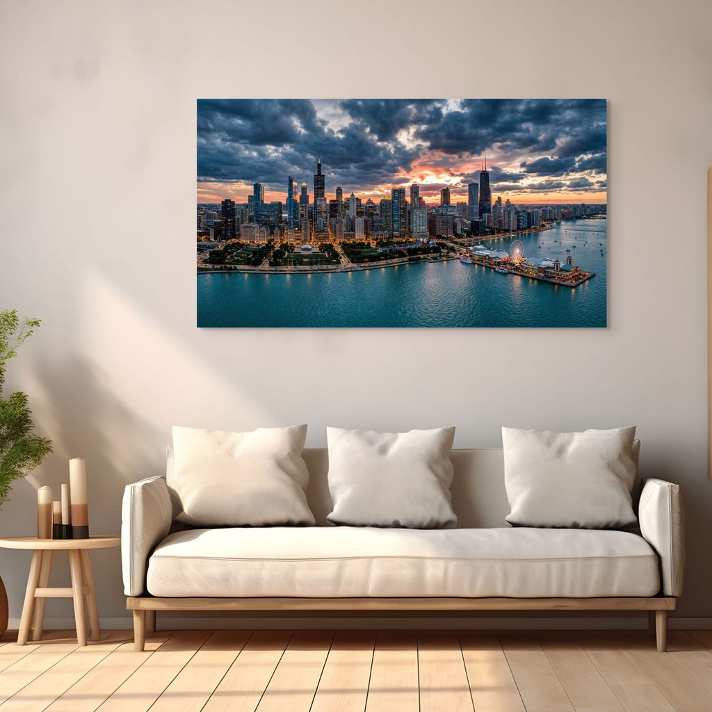 Chicago skyline at sunset with Navy Pier Ferris wheel wall art