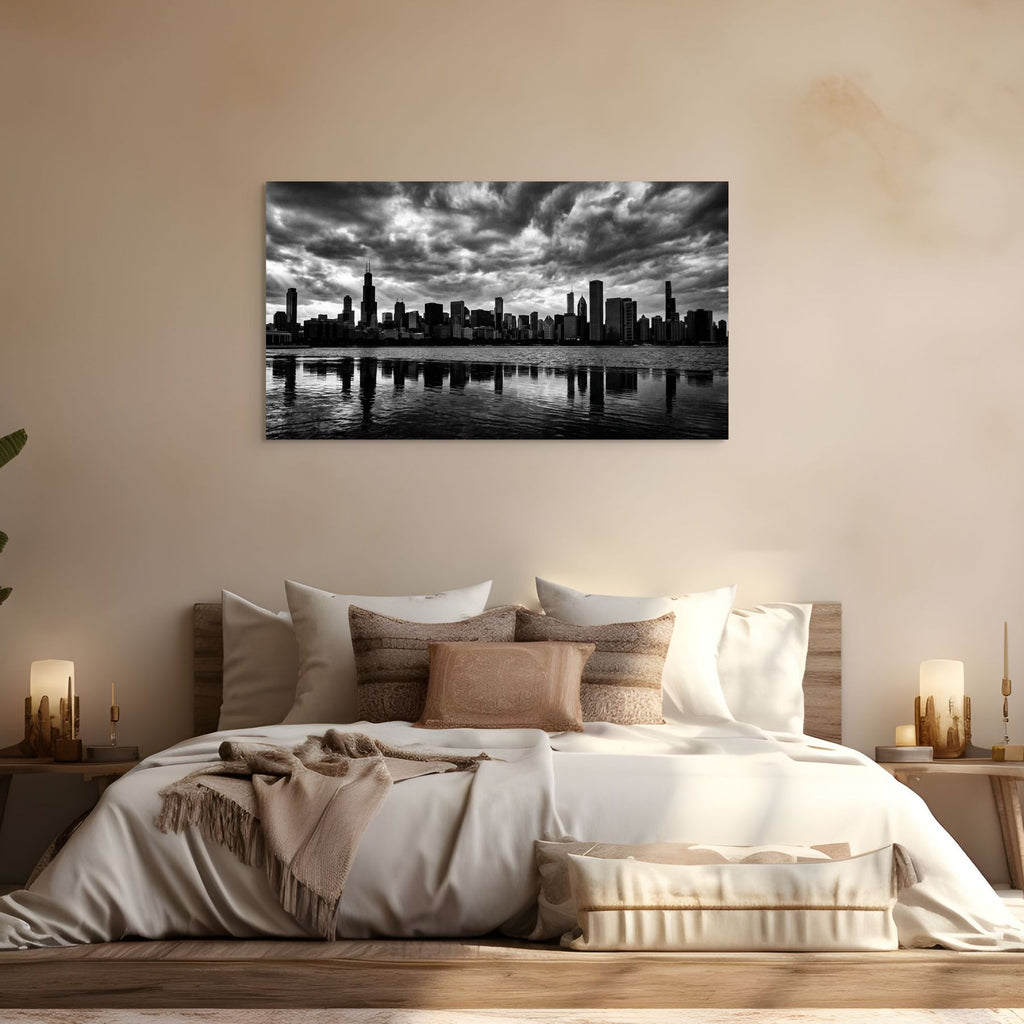 Black and white Chicago skyline with dramatic clouds, city decor