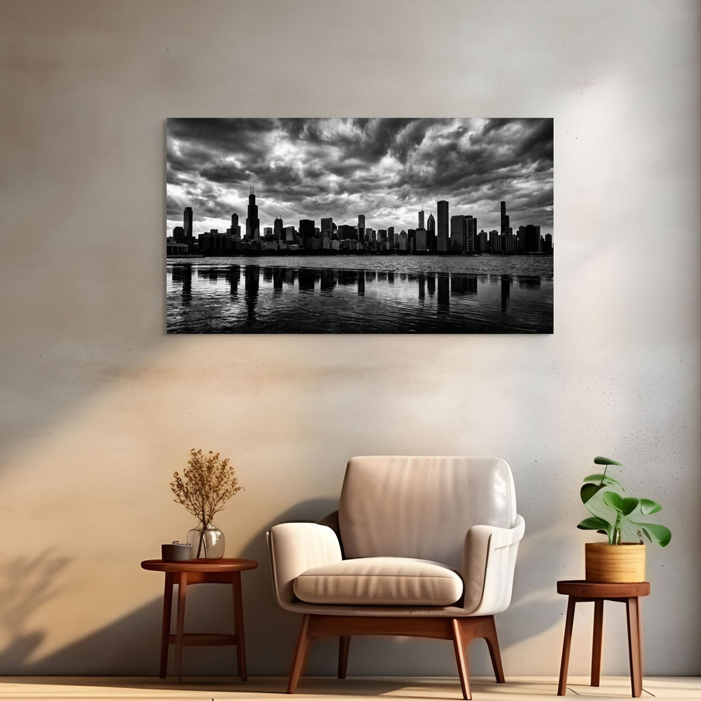 Windy City skyline wall art, black and white cityscape