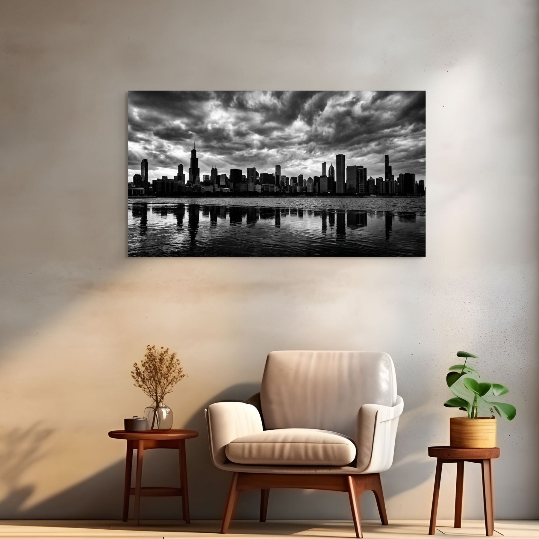 Windy City skyline wall art, black and white cityscape