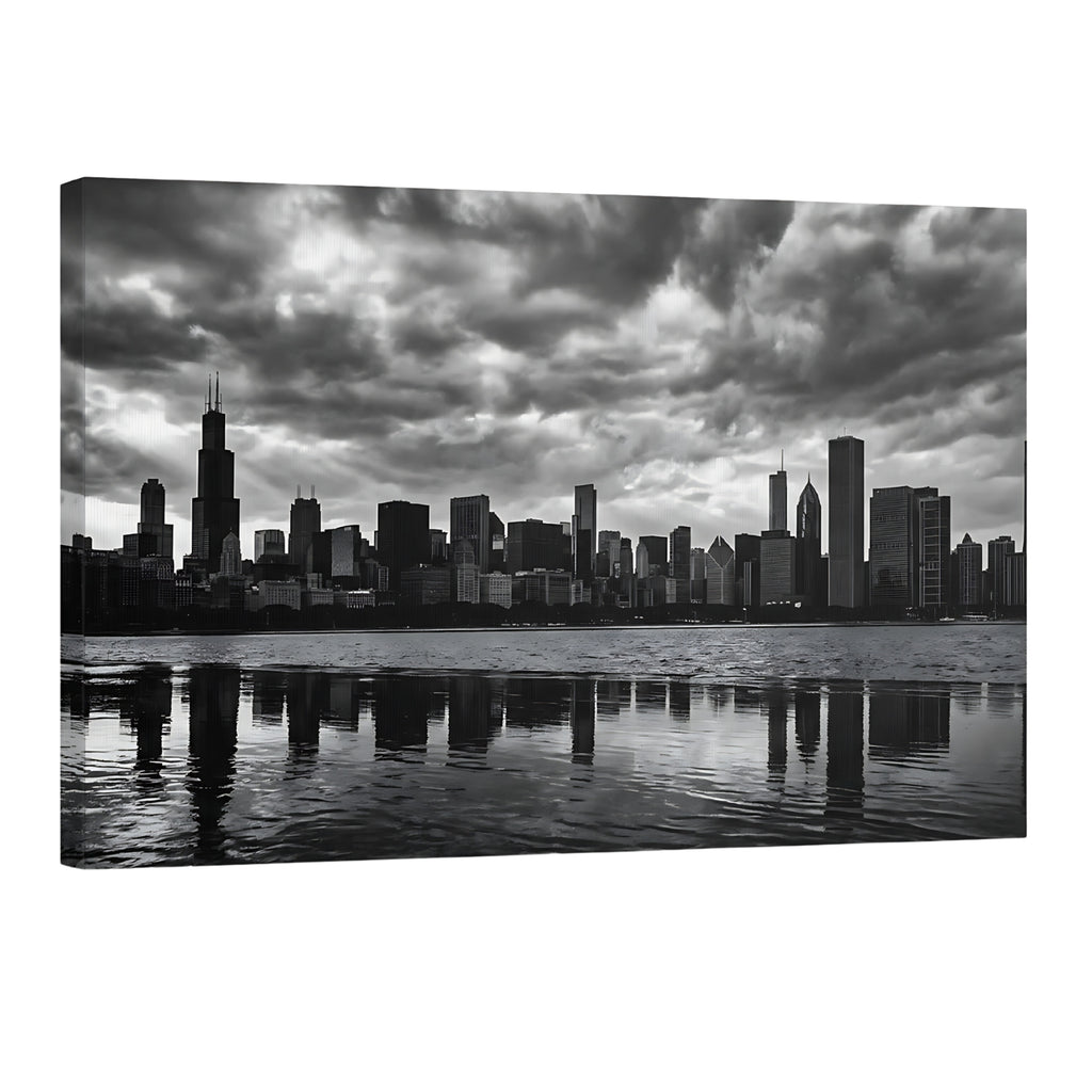 Chicago skyline black and white wall art, cityscape photography Lake Michigan reflection