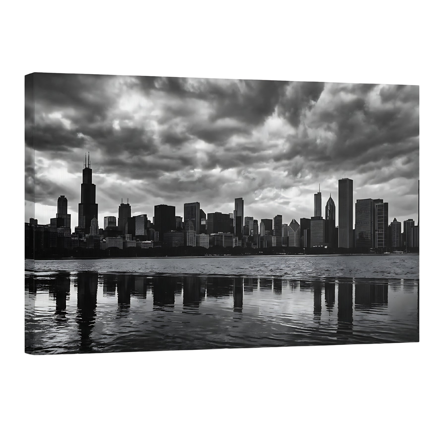 Chicago skyline black and white wall art, cityscape photography Lake Michigan reflection