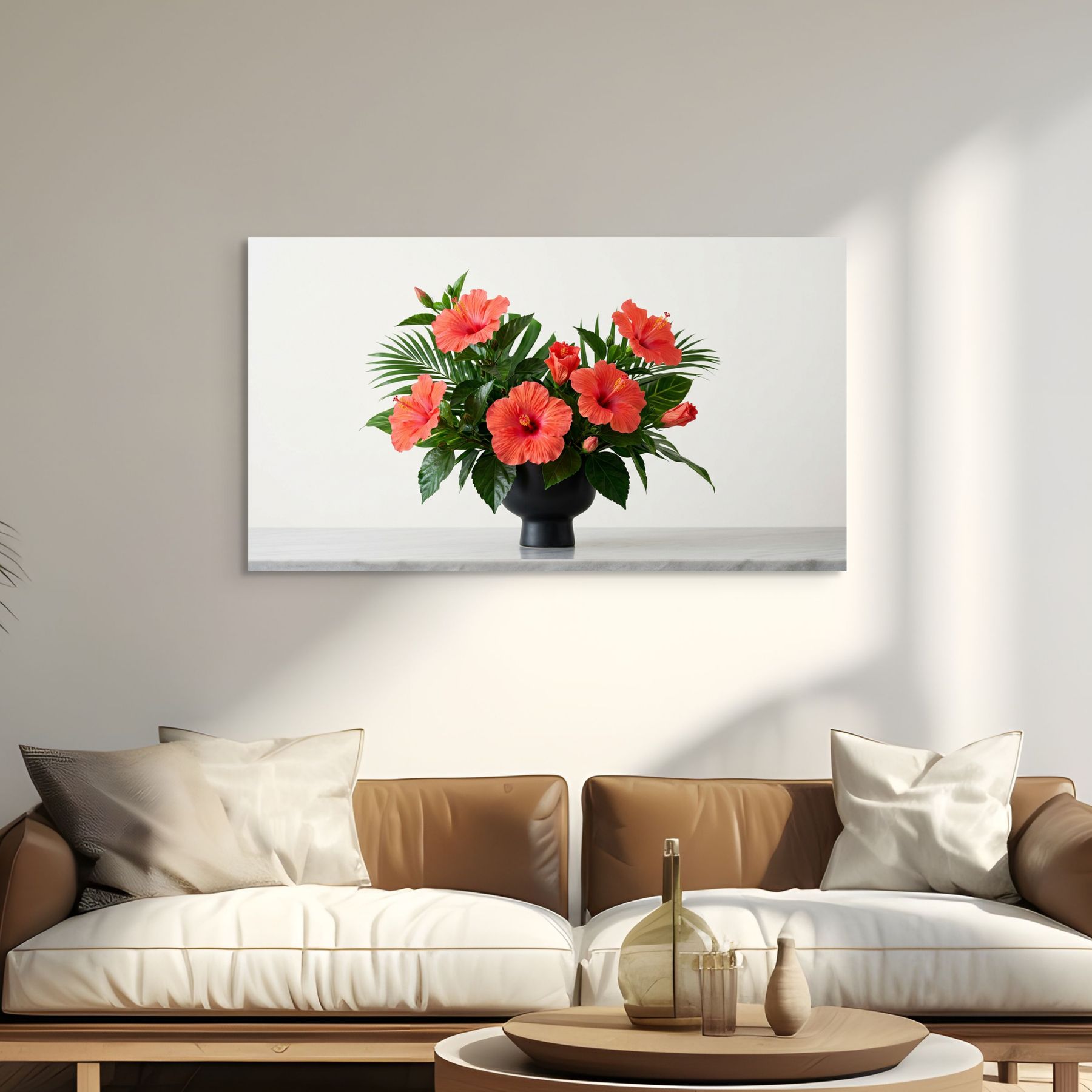 Coral Hibiscus Canvas Wall Art Tropical Watercolor Floral Painting for Vibrant Decor Secondary image