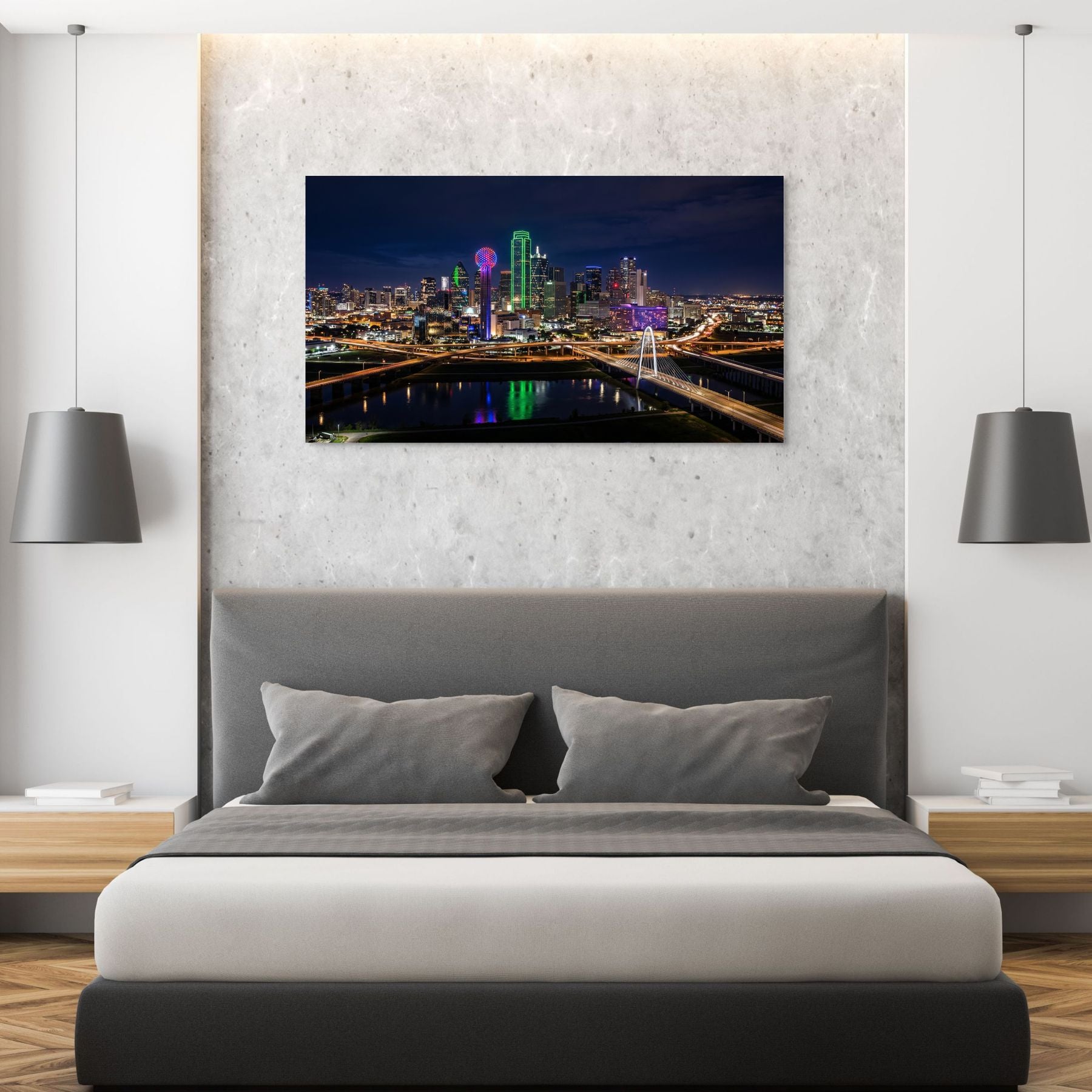 Dallas Texas skyline illuminated with bridge and city lights wall decor