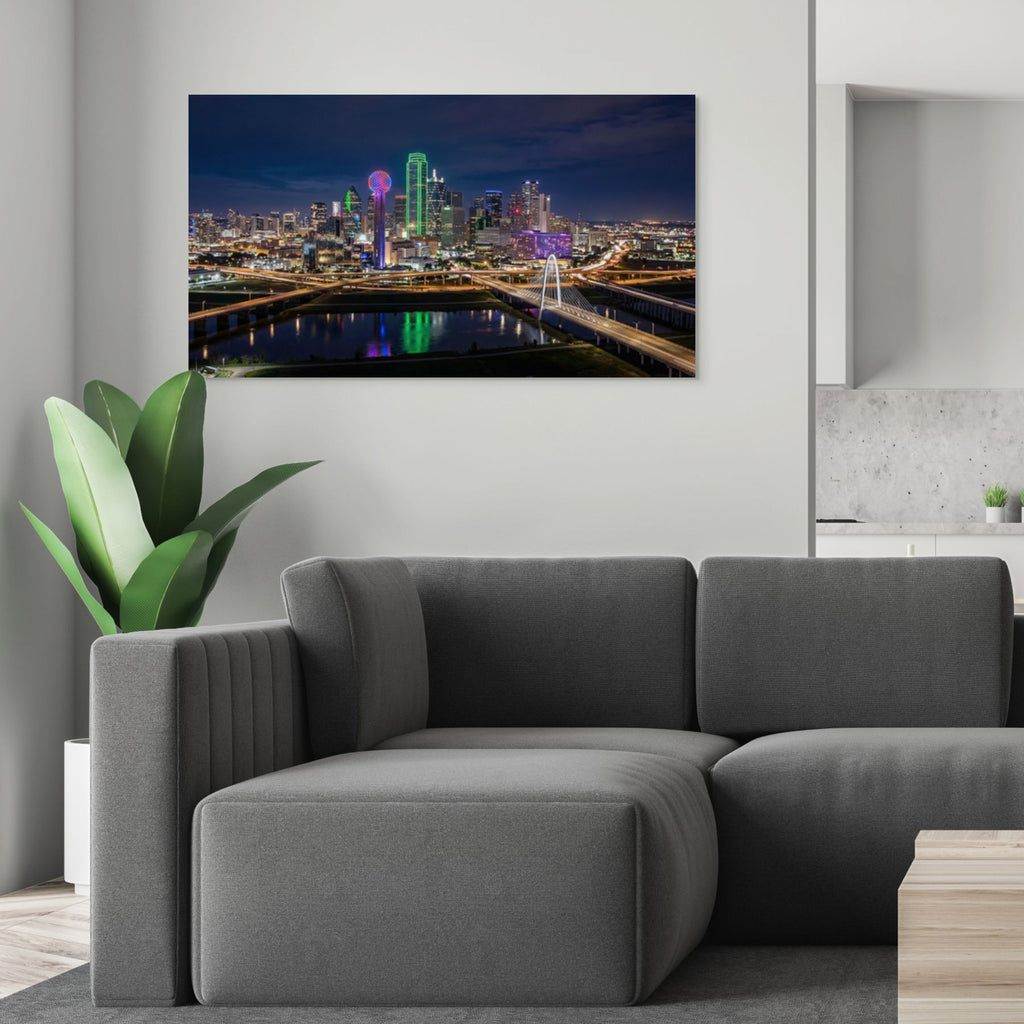 Dallas skyline with Reunion Tower night cityscape wall art Texas