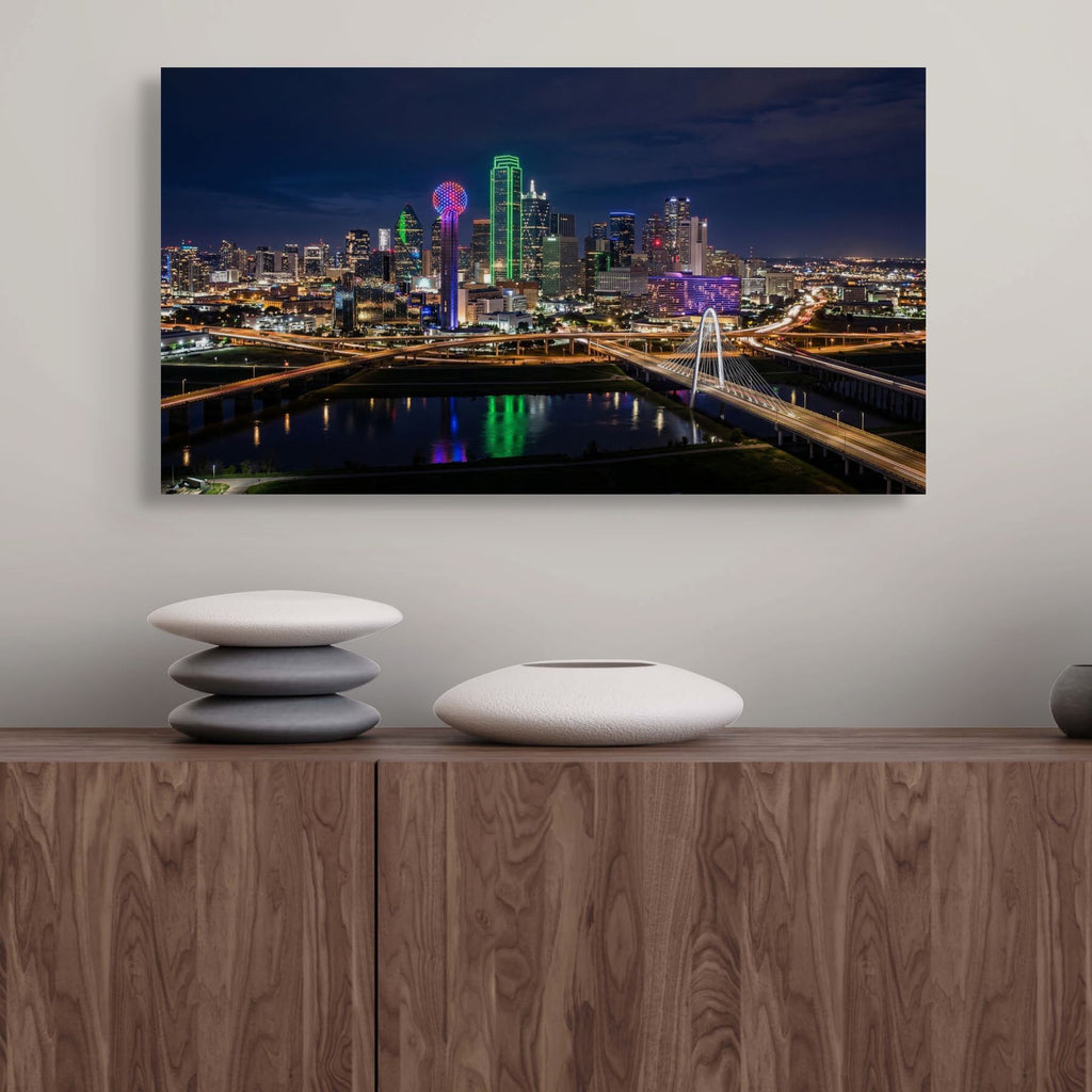 Dallas skyline at night with highway lights and modern buildings wall art