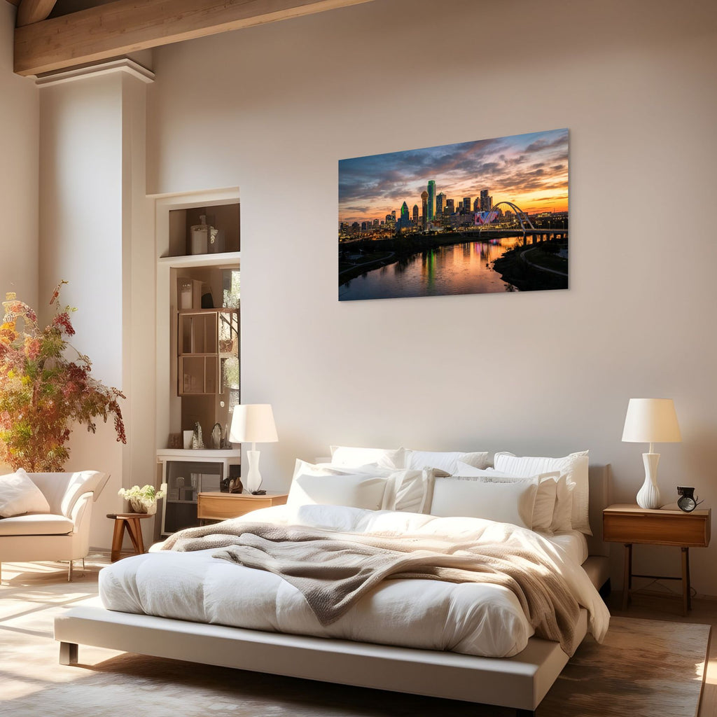 Dallas skyline with bridge and river, urban landscape canvas decor