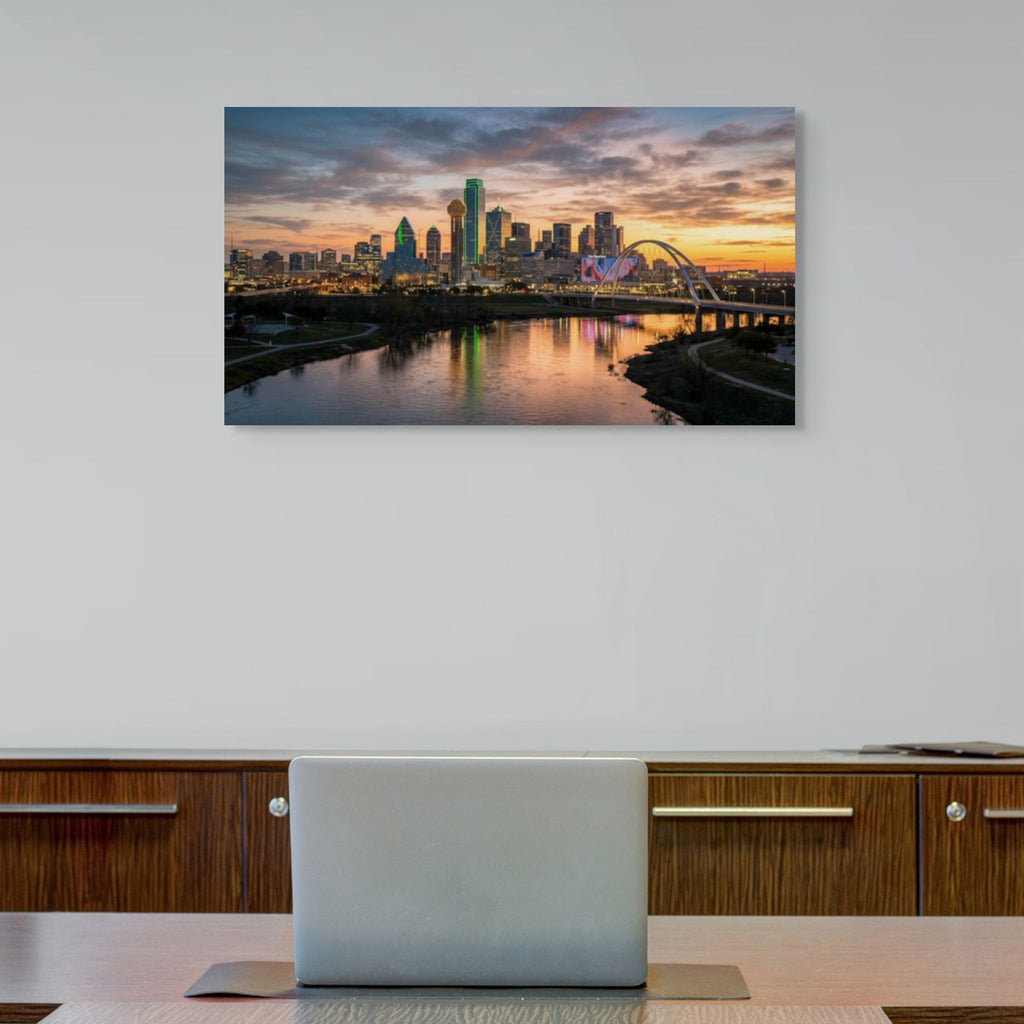 Sunset city skyline artwork, Dallas downtown modern wall art