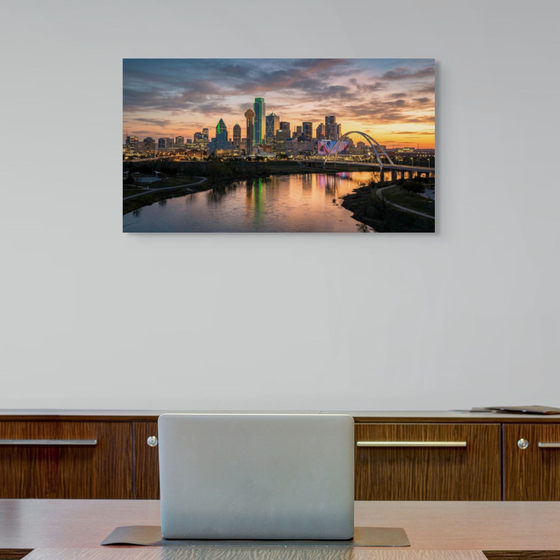 Sunset city skyline artwork, Dallas downtown modern wall art