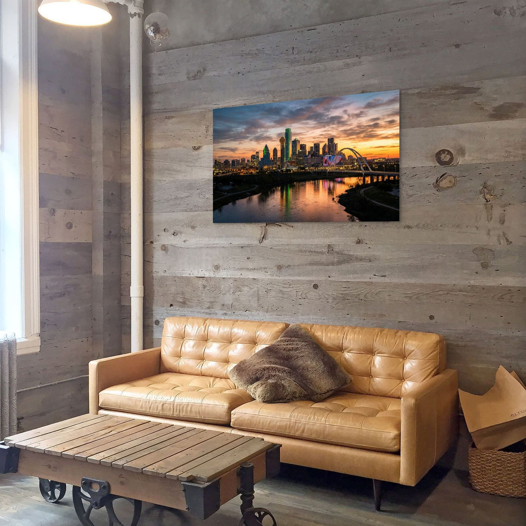 Urban skyline wall art, Dallas cityscape river reflection print