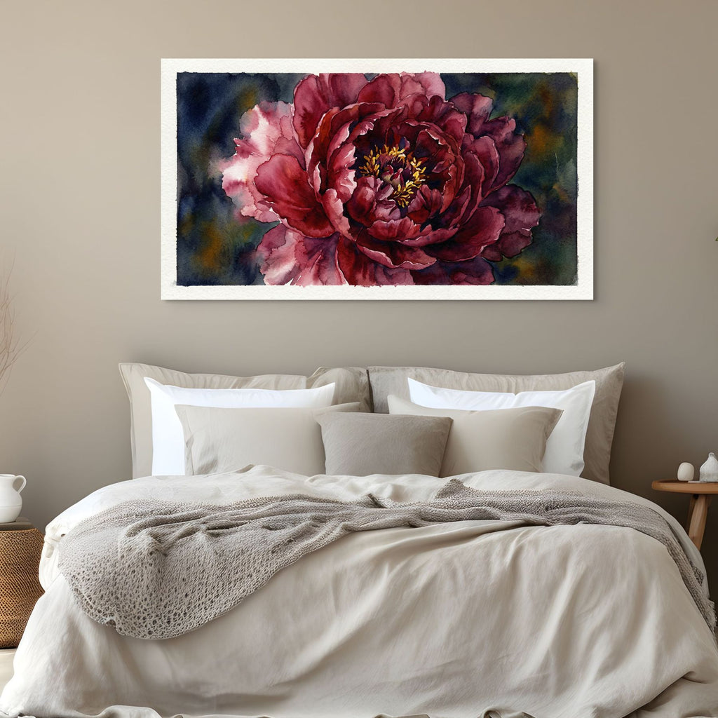 Burgundy peony artwork, elegant dramatic botanical wall art