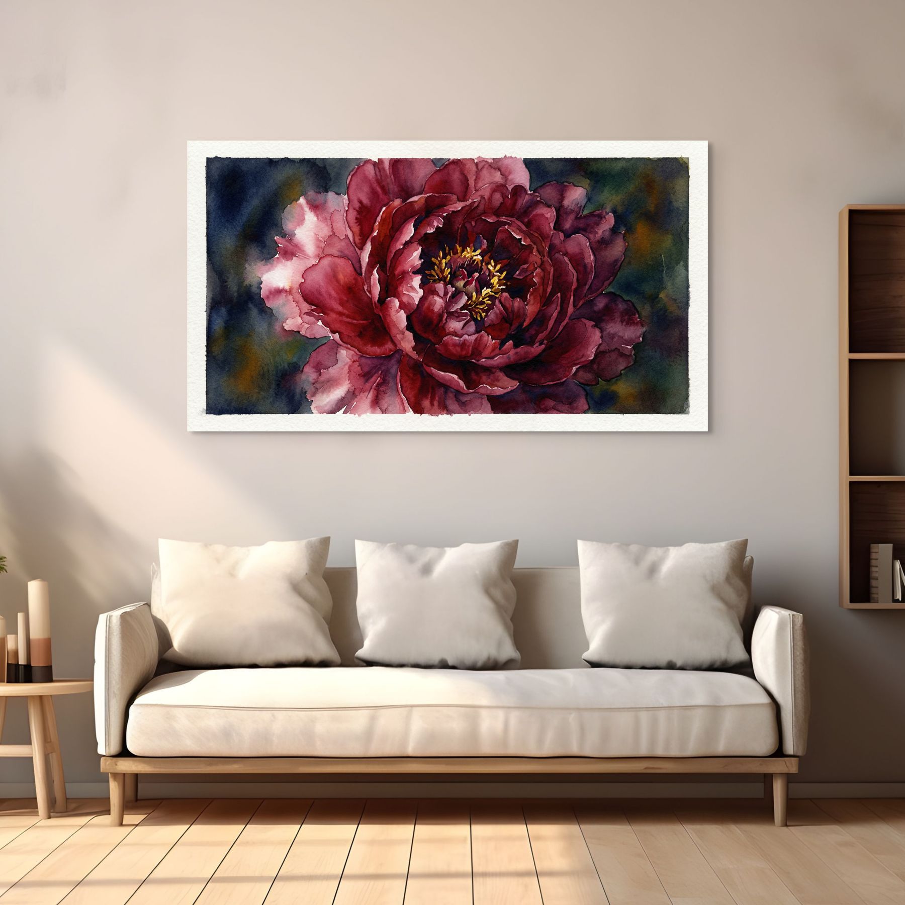 Deep Red Peony Canvas Wall Art Dramatic Watercolor Floral Painting for Luxury Decor Secondary image
