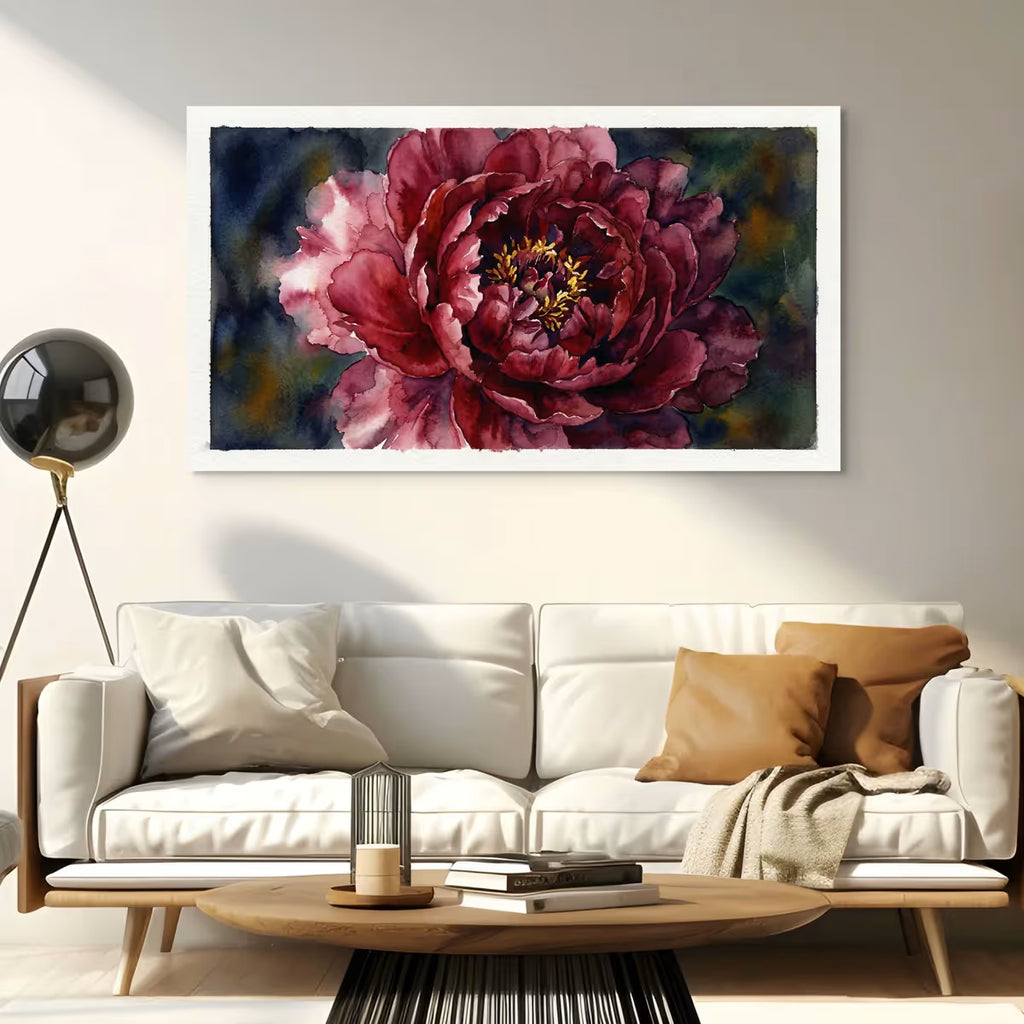 Deep Red Peony Canvas Wall Art Dramatic Watercolor Floral Painting for Luxury Decor