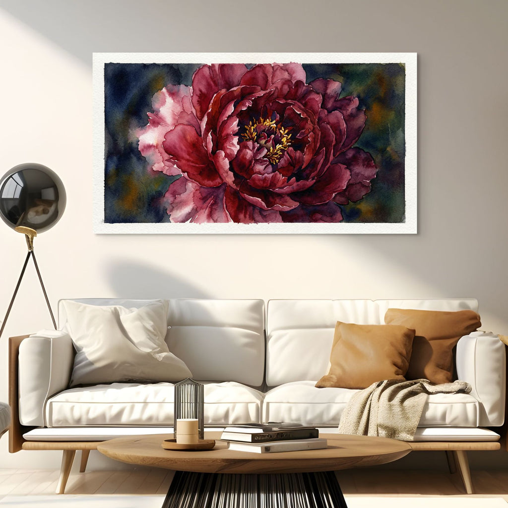 Bold peony watercolor print, moody botanical home decor