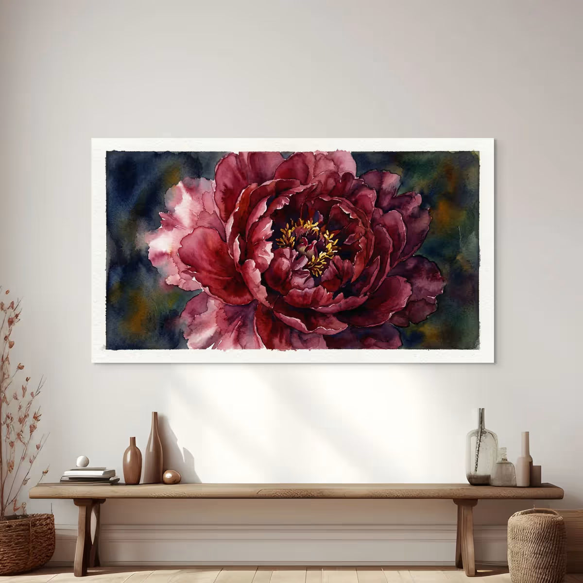 Deep Red Peony Canvas Wall Art Dramatic Watercolor Floral Painting for Luxury Decor