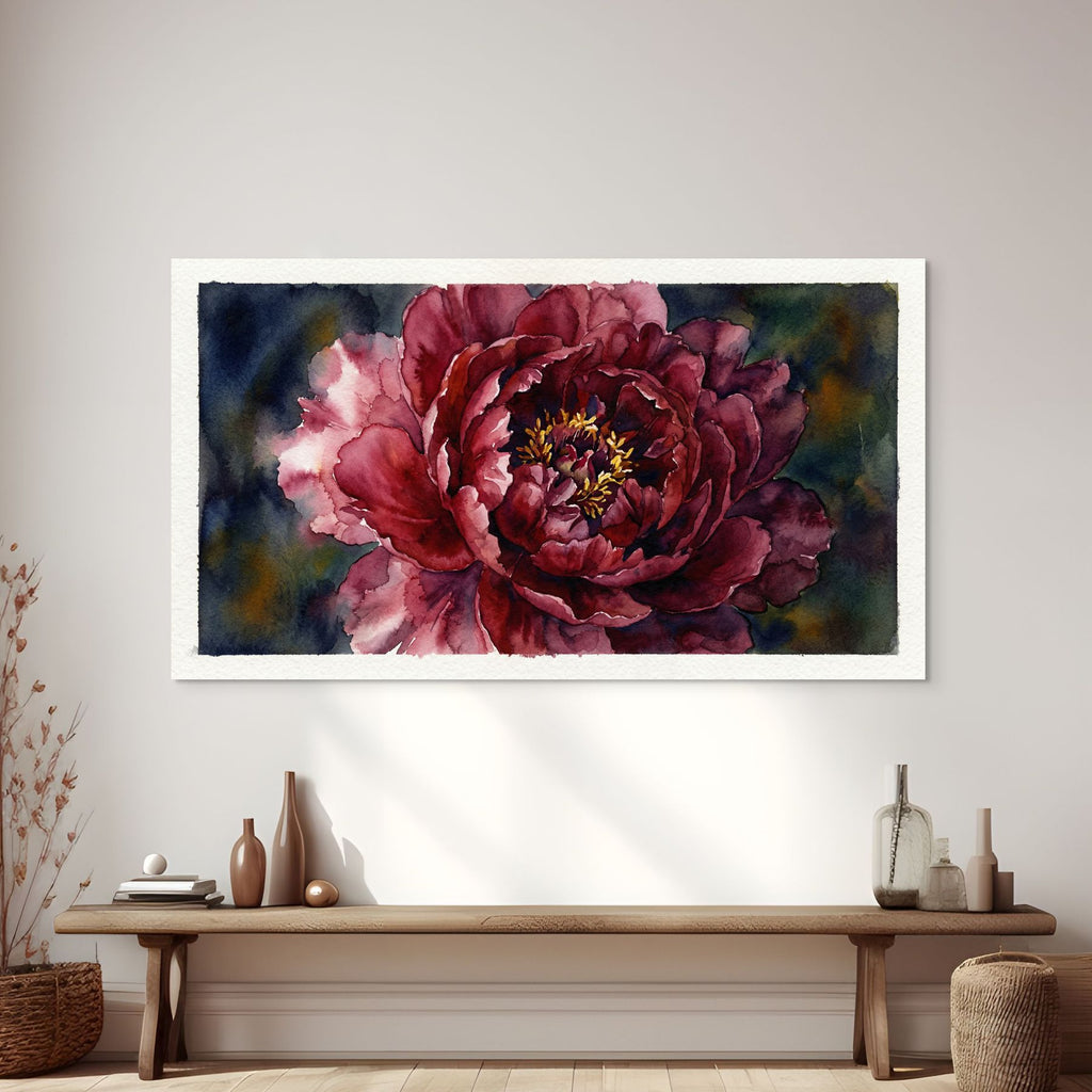Peony flower painting in rich red tones, luxury floral wall art