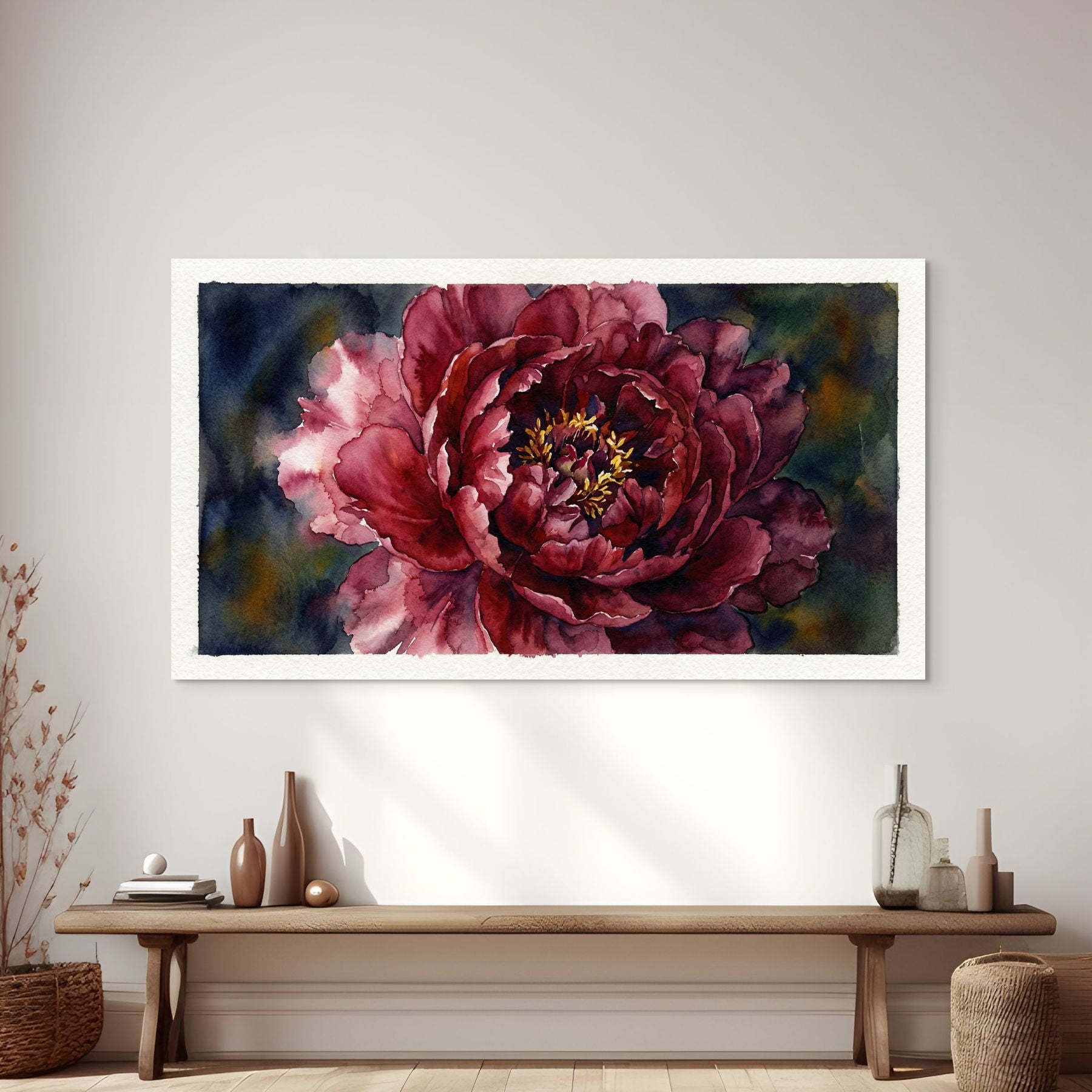 Peony flower painting in rich red tones, luxury floral wall art