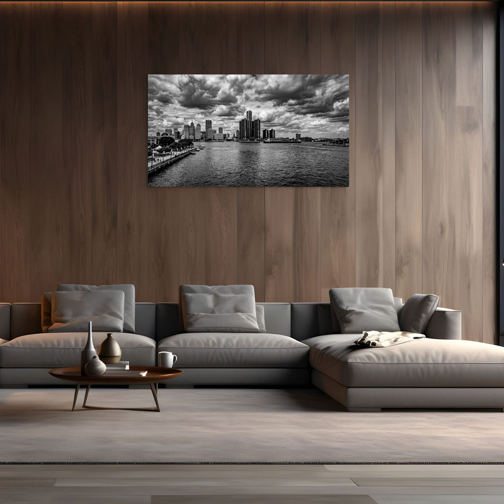 Detroit skyline dramatic clouds monochrome wall art urban print