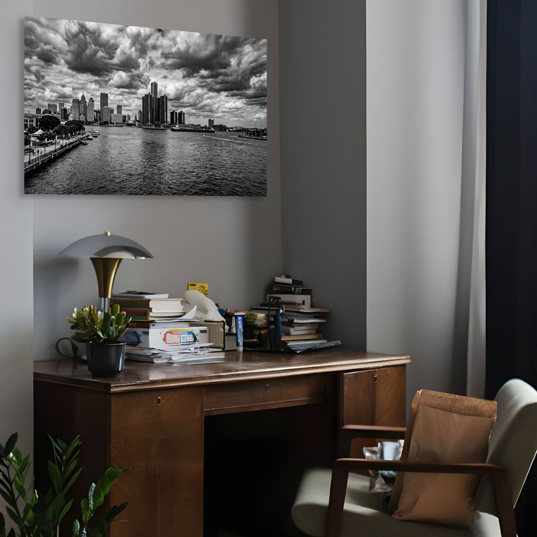 Detroit skyline with river black and white cityscape wall art