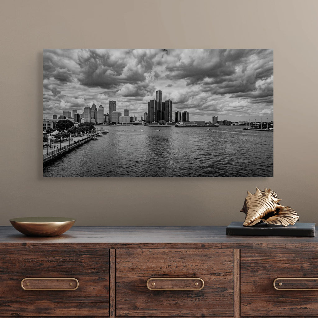 Detroit Michigan skyline black white canvas print modern decor