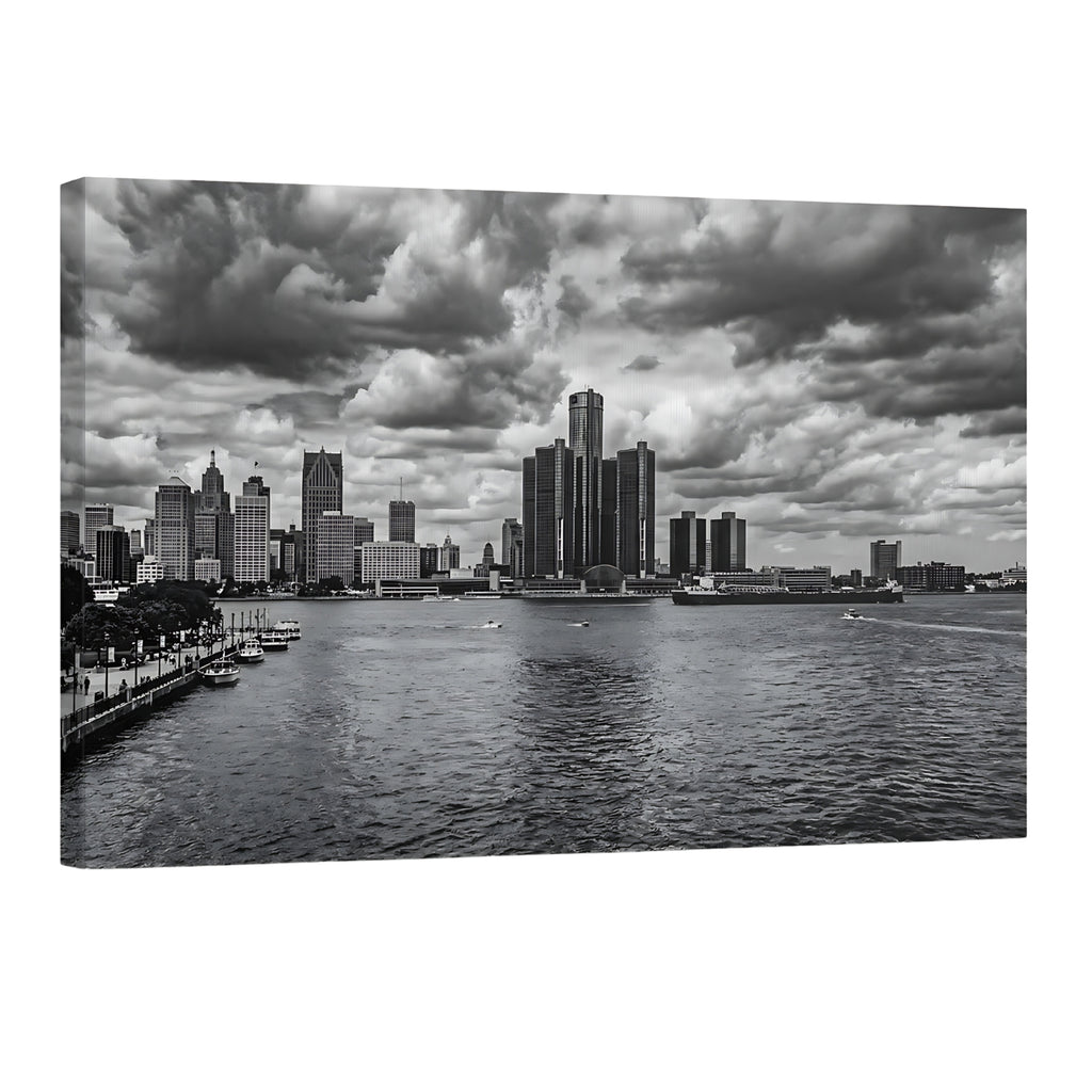 Detroit skyline black and white wall art downtown Detroit cityscape dramatic clouds print