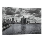 Detroit skyline black and white wall art downtown Detroit cityscape dramatic clouds print