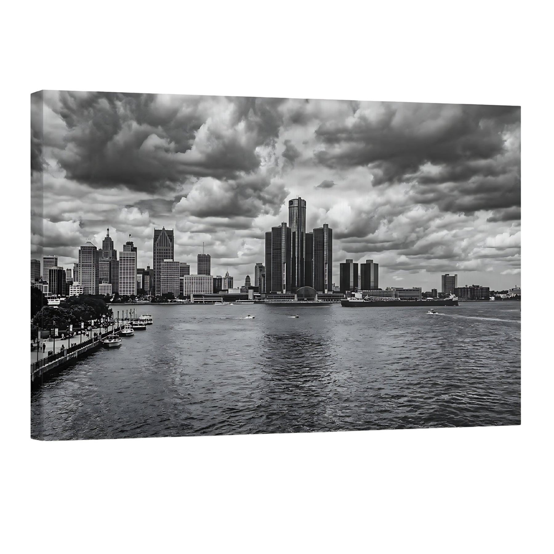 Detroit skyline black and white wall art downtown Detroit cityscape dramatic clouds print