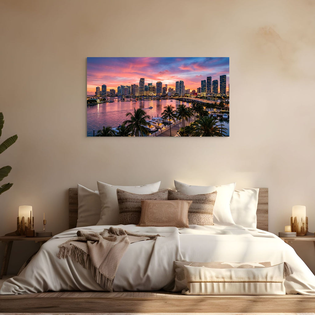 Miami downtown skyline with palm trees, tropical wall decor