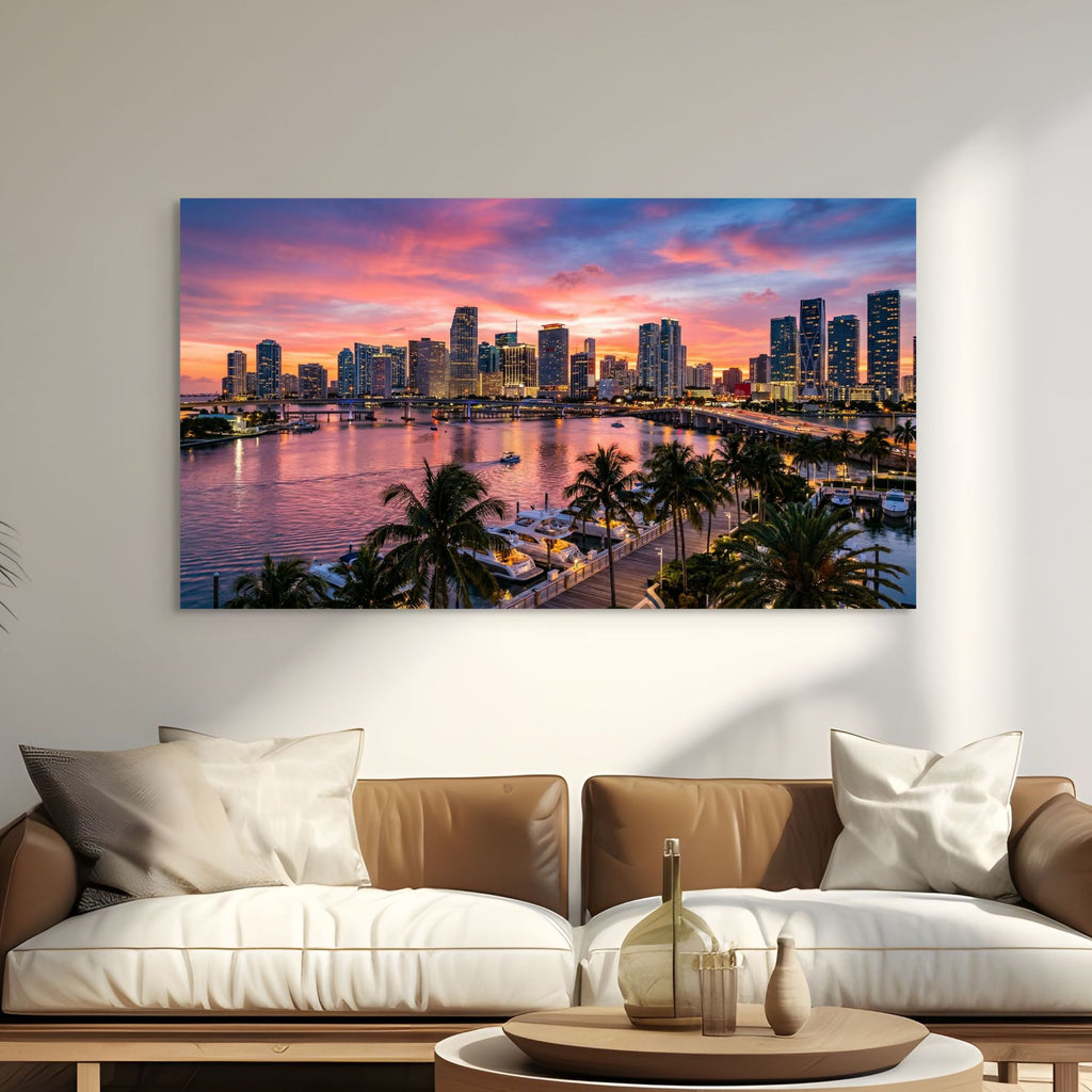 Miami skyline sunset over Biscayne Bay, coastal city wall art