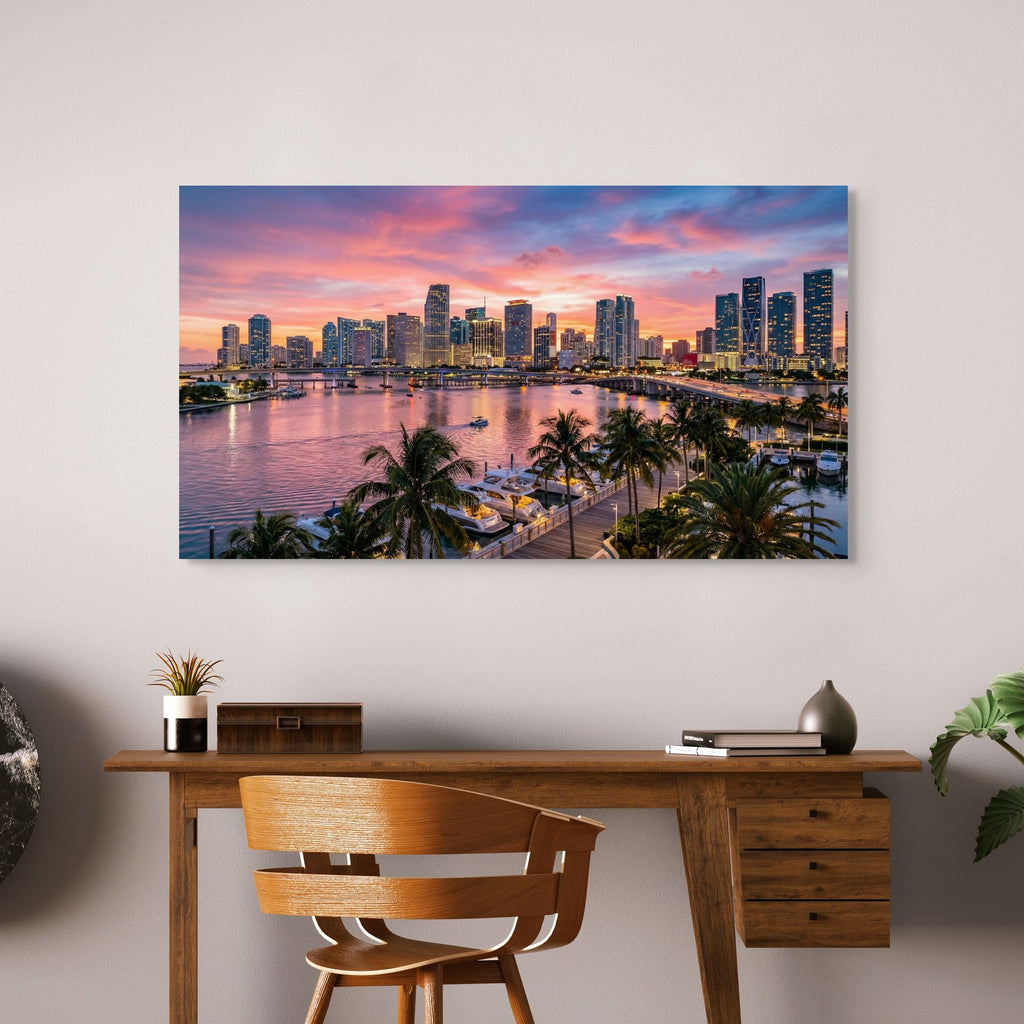 Miami cityscape sunset waterfront, modern urban wall art