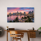 Miami cityscape sunset waterfront, modern urban wall art