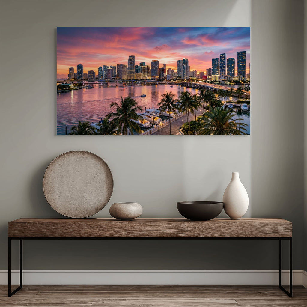 Miami skyline at golden hour, luxury coastal wall art print