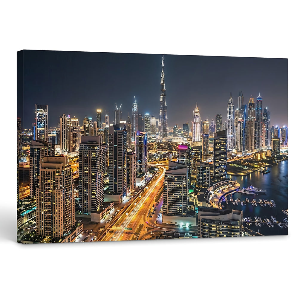 Dubai skyline night wall art Burj Khalifa cityscape Dubai Marina luxury city print UAE skyline