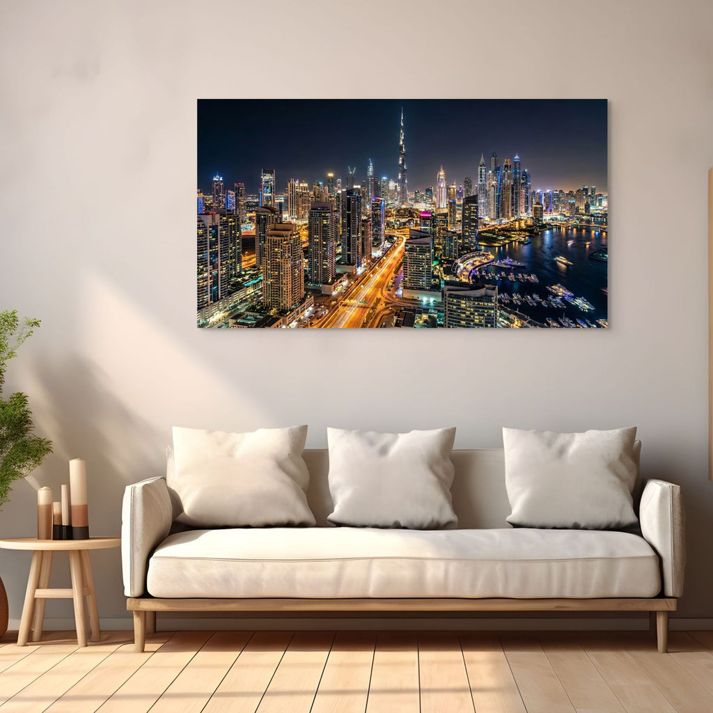 Dubai skyline at night with Burj Khalifa illuminated wall art