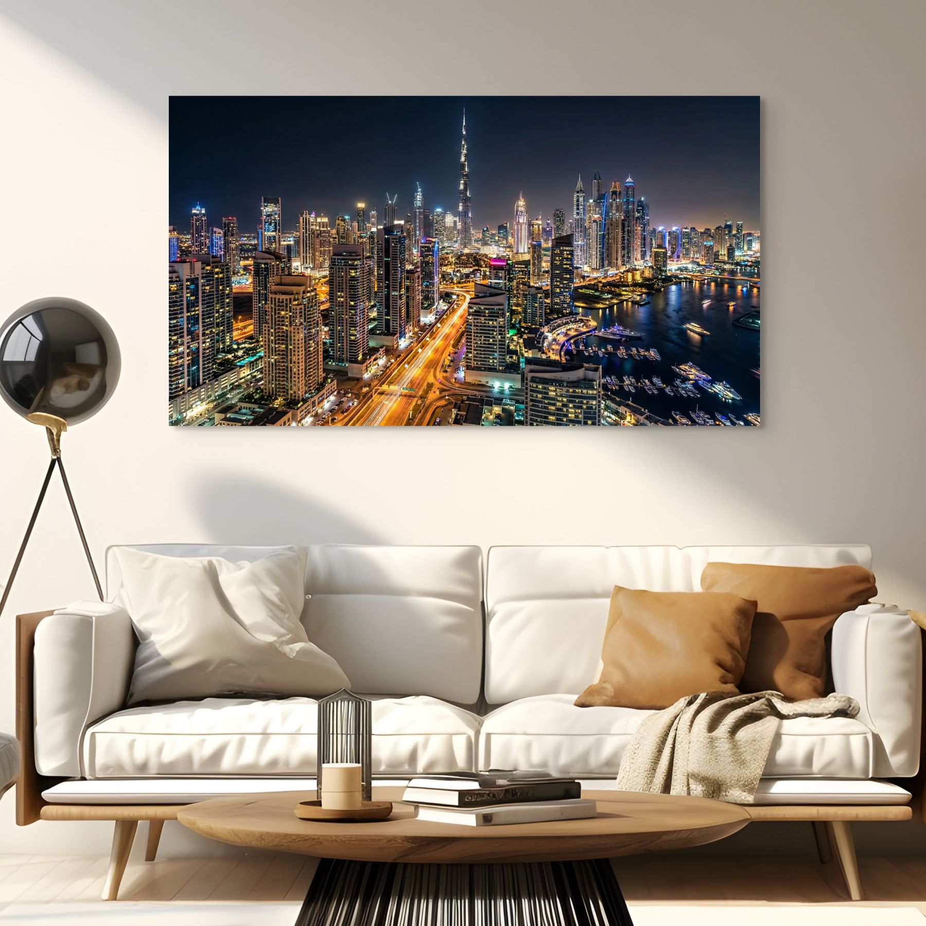 Dubai skyline with waterfront and yachts night wall art
