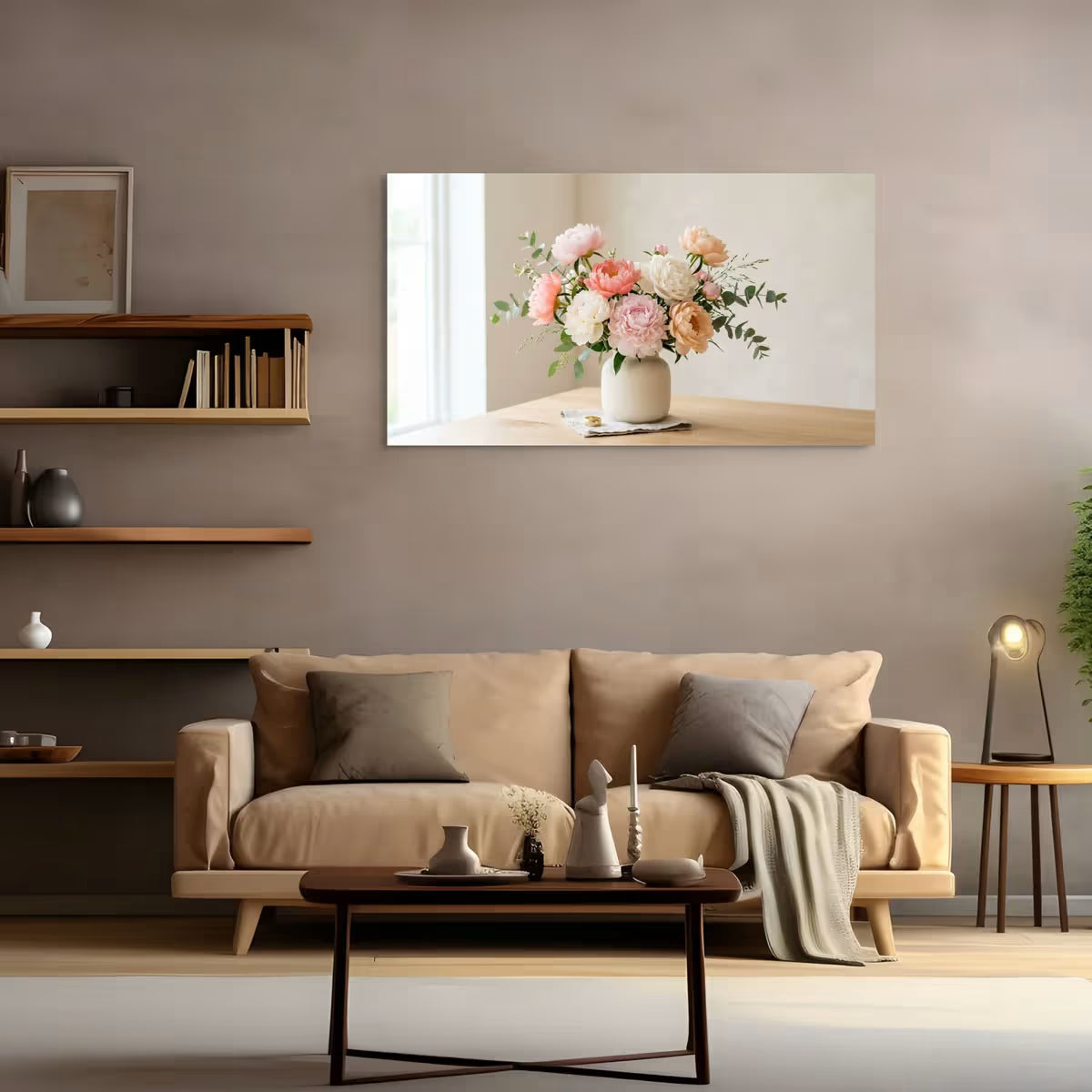 Soft Floral Bouquet Canvas Wall Art Elegant Peony Arrangement in Neutral Tones