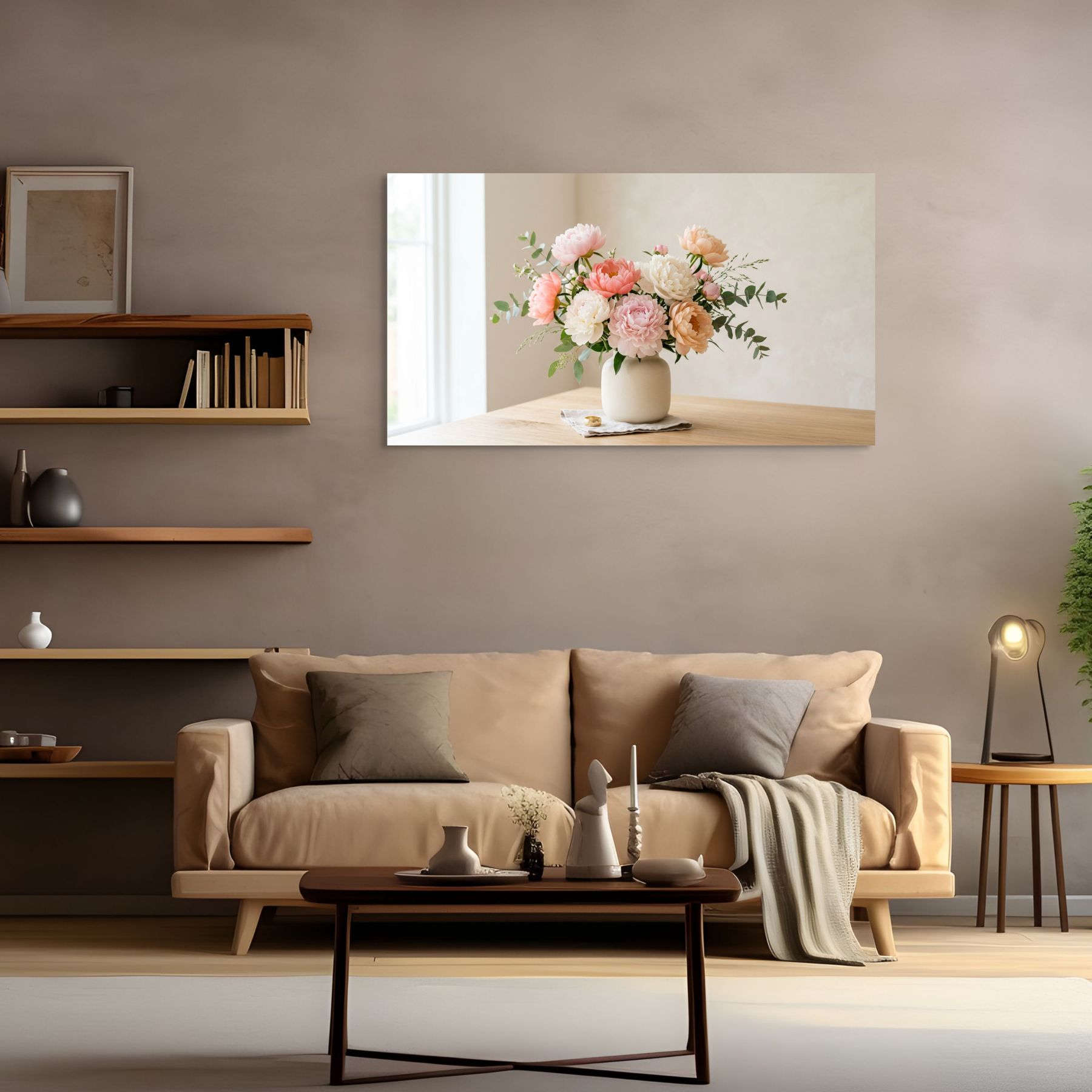 Peony flower arrangement wall art, soft pink and white floral decor