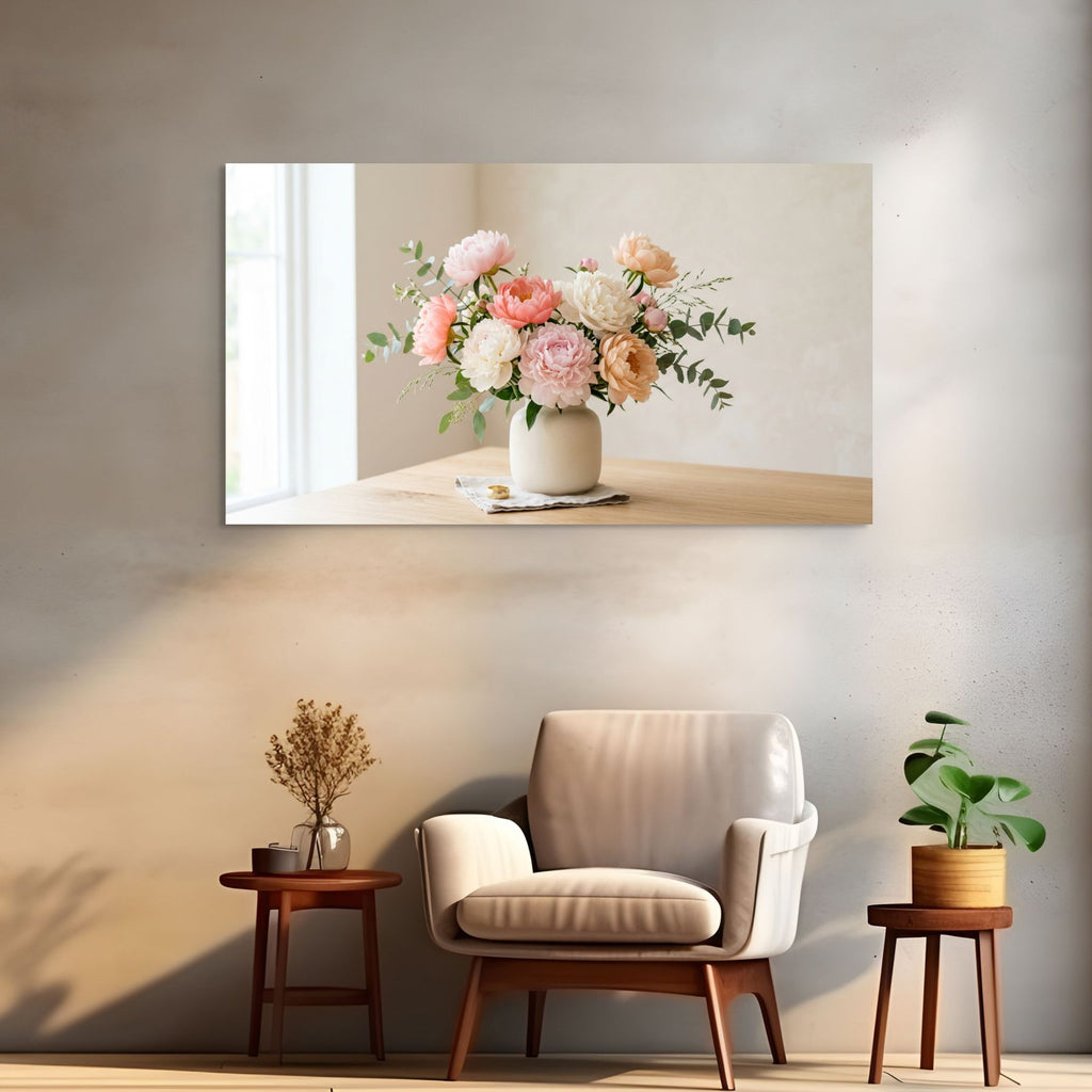 Floral vase artwork with peonies, neutral aesthetic wall decor