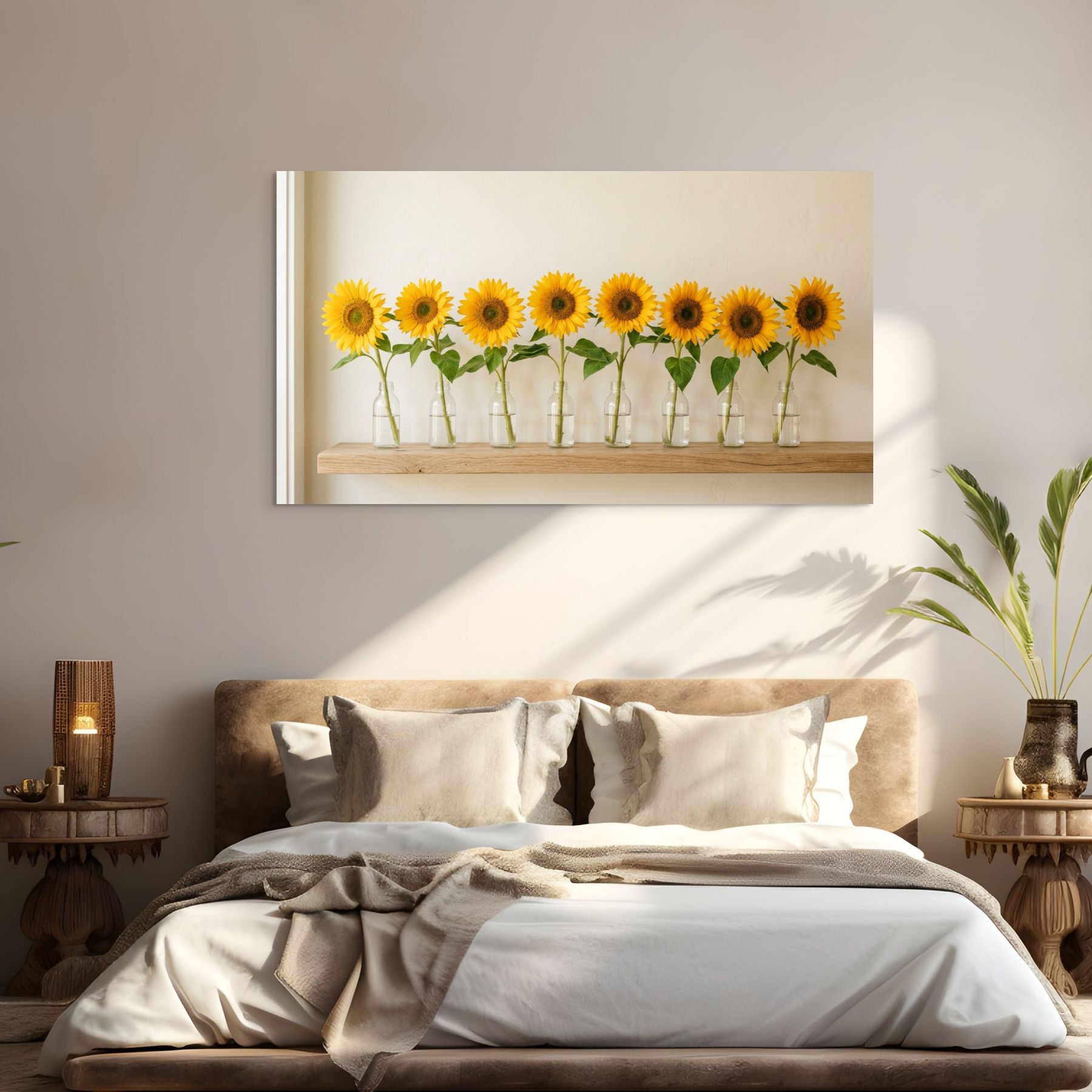 Rustic sunflower arrangement on wooden shelf canvas print