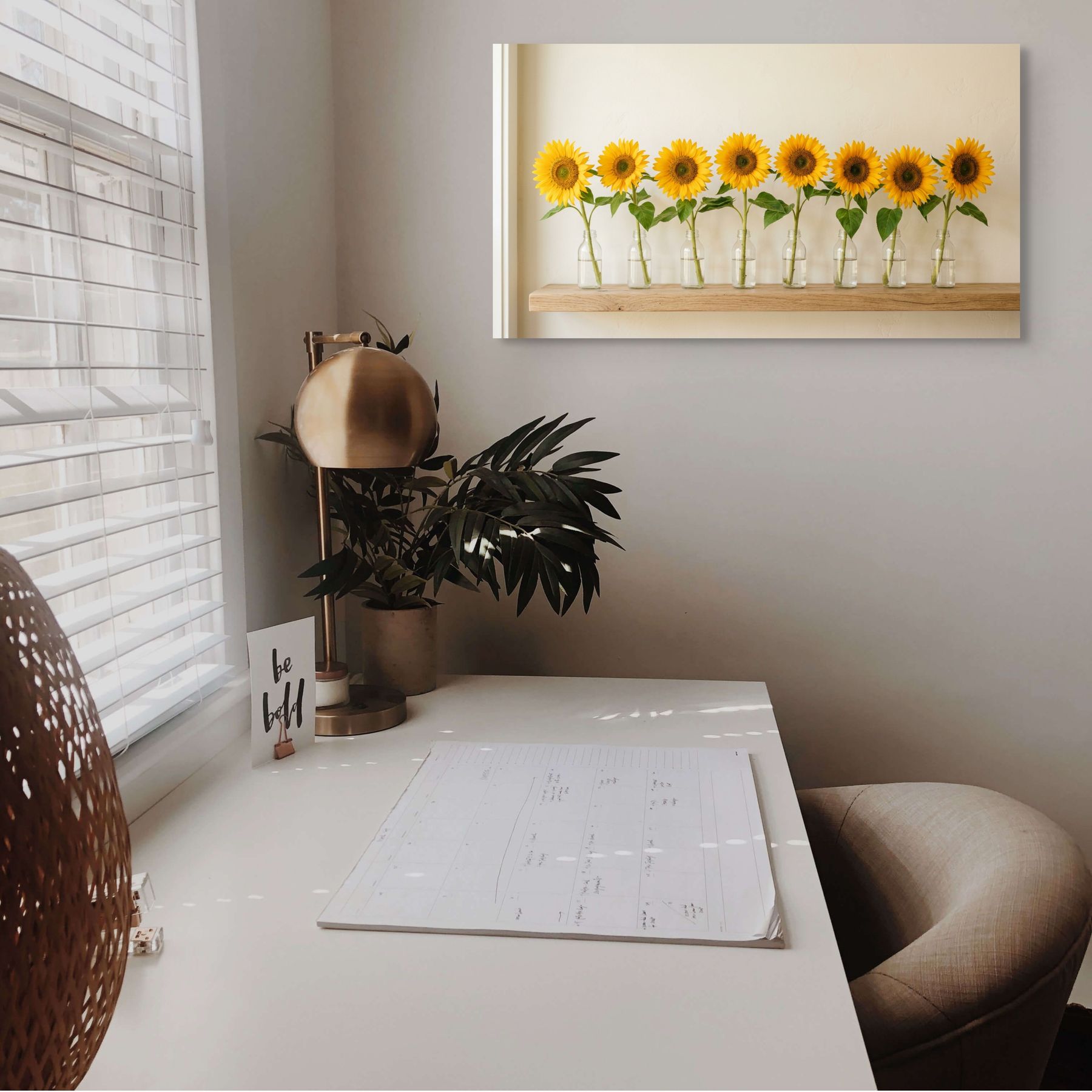 Yellow sunflower lineup artwork, bright floral wall decor