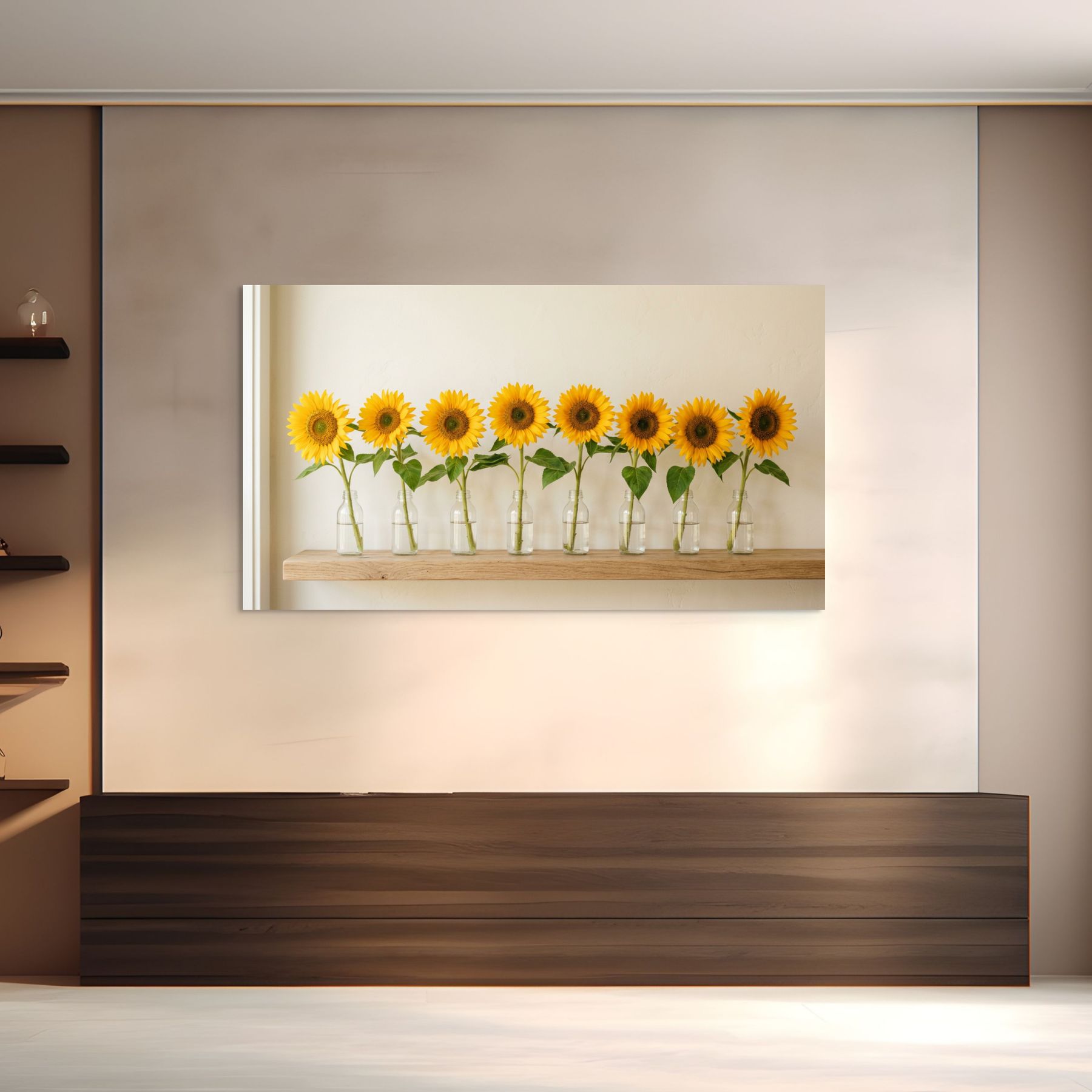 Minimalist sunflower display in bottles, farmhouse wall art