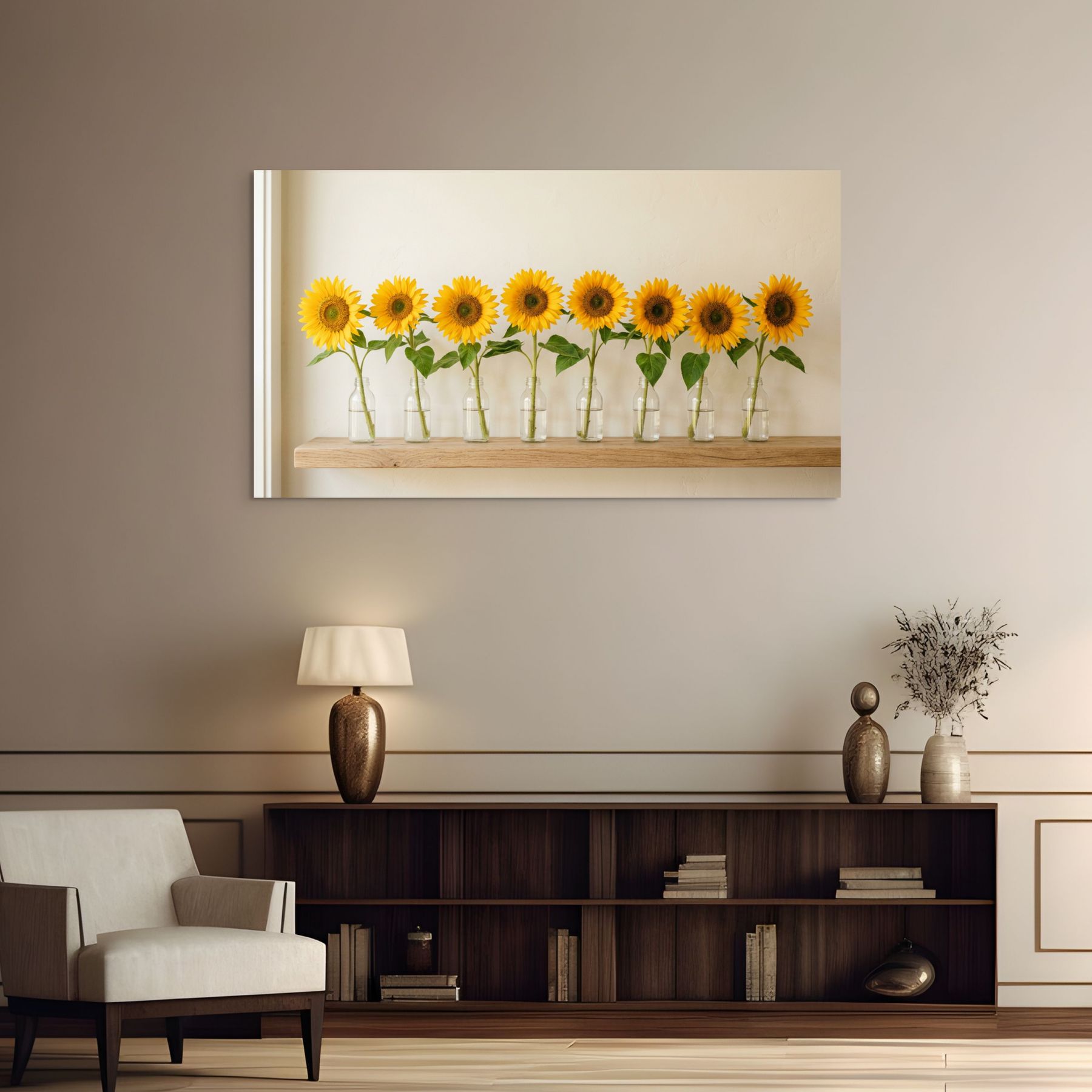 Sunflower stems in glass vases, natural rustic home decor